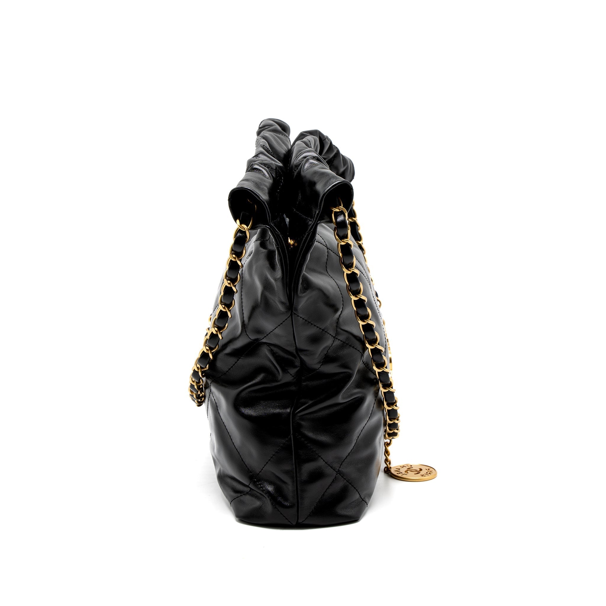 CHANEL SMALL 22 BAG GOLD LETTER SHINY CALFSKIN BLACK BRUSHED GHW (MICROCHIP)