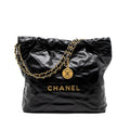 CHANEL SMALL 22 BAG GOLD LETTER SHINY CALFSKIN BLACK BRUSHED GHW (MICROCHIP)