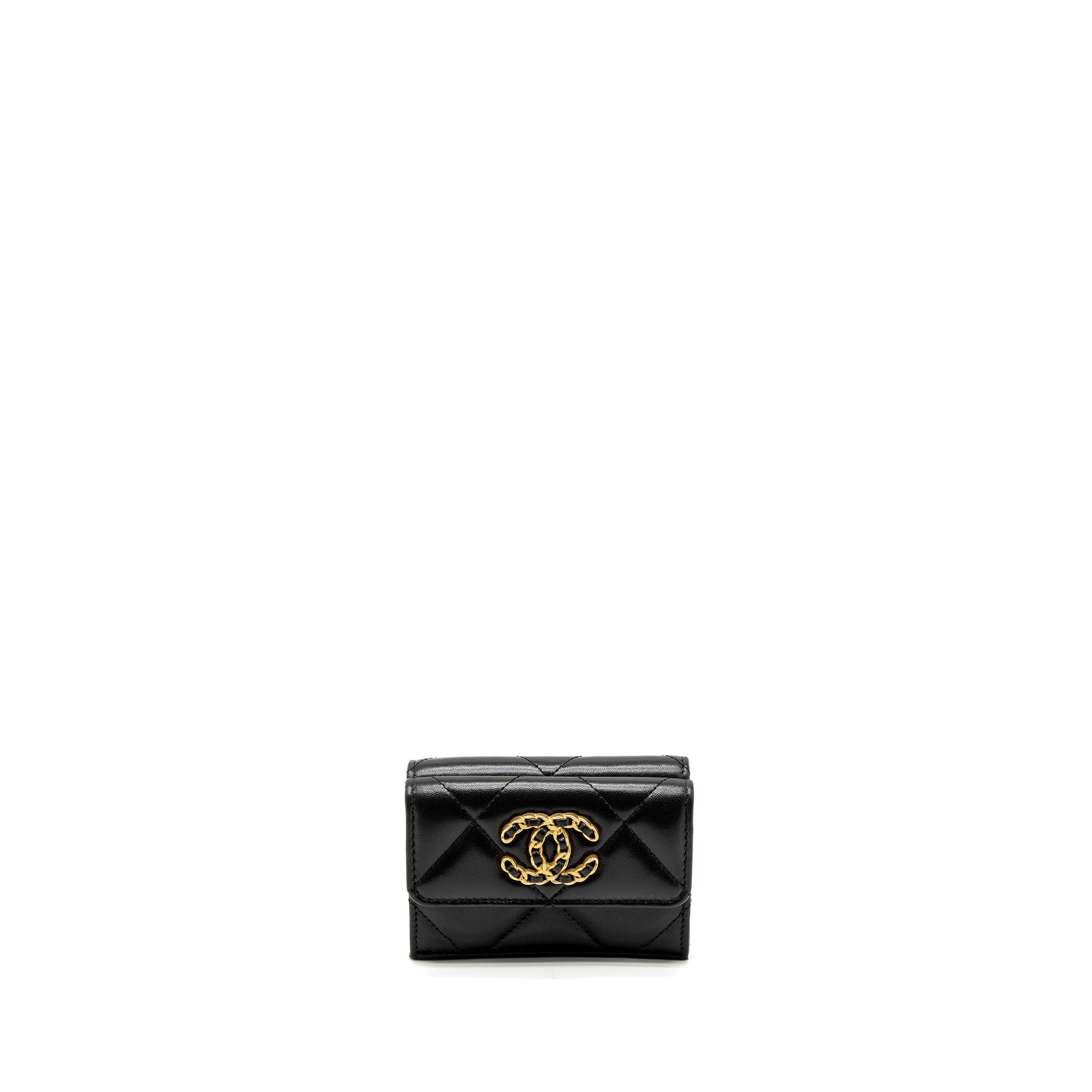 CHANEL 19 FLAP COMPACT WALLET LAMBSKIN BLACK GHW (MICROCHIP)