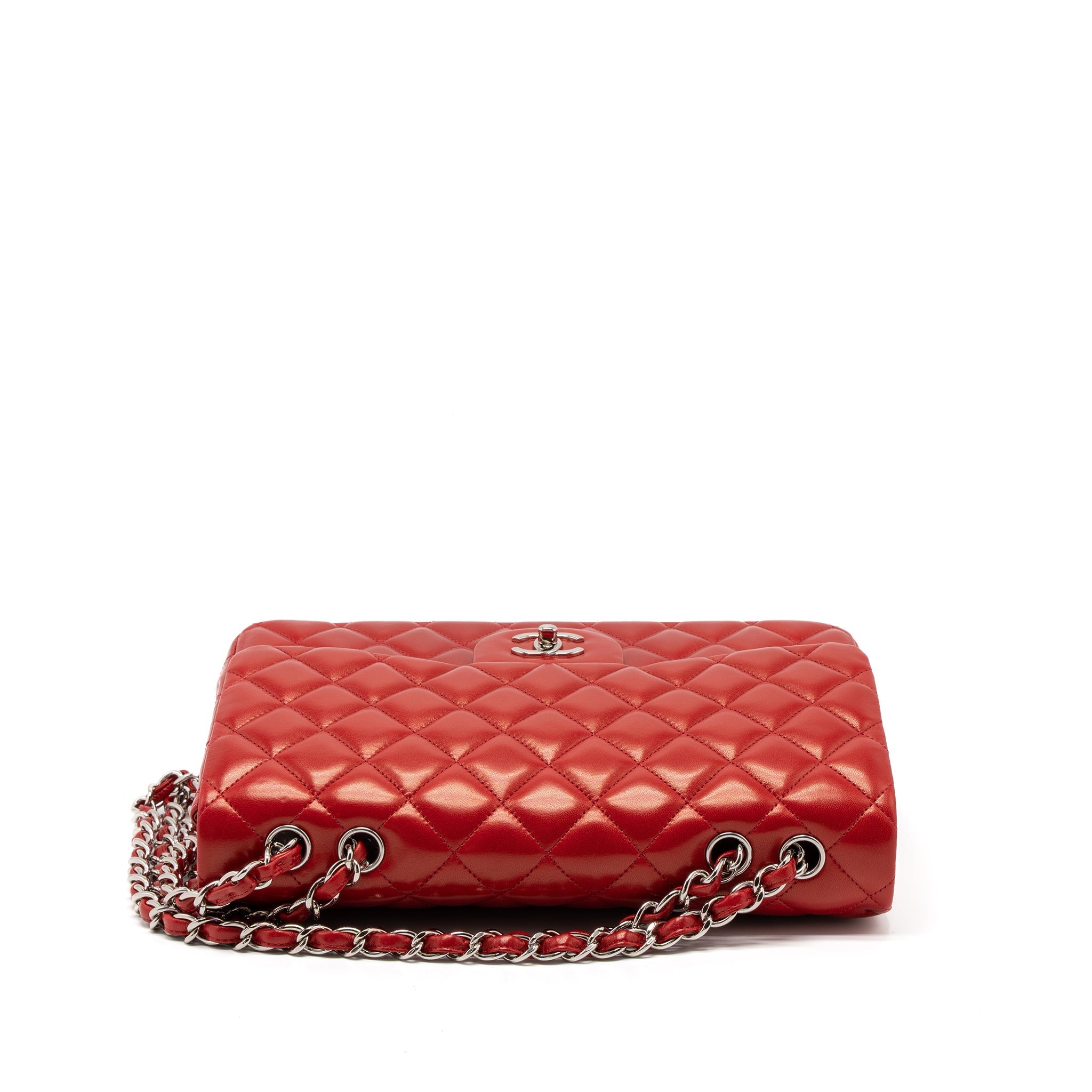CHANEL JUMBO CLASSIC SINGLE FLAP BAG LAMBSKIN RED SHW