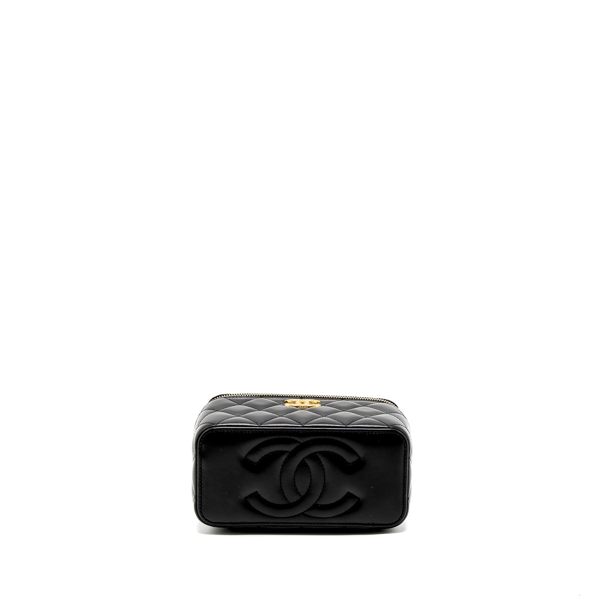 CHANEL 22K GOLD PILLAR ADJUSTABLE CHAIN LONG VANITY LAMBSKIN BLACK BRUSHED GHW(MICROCHIP)