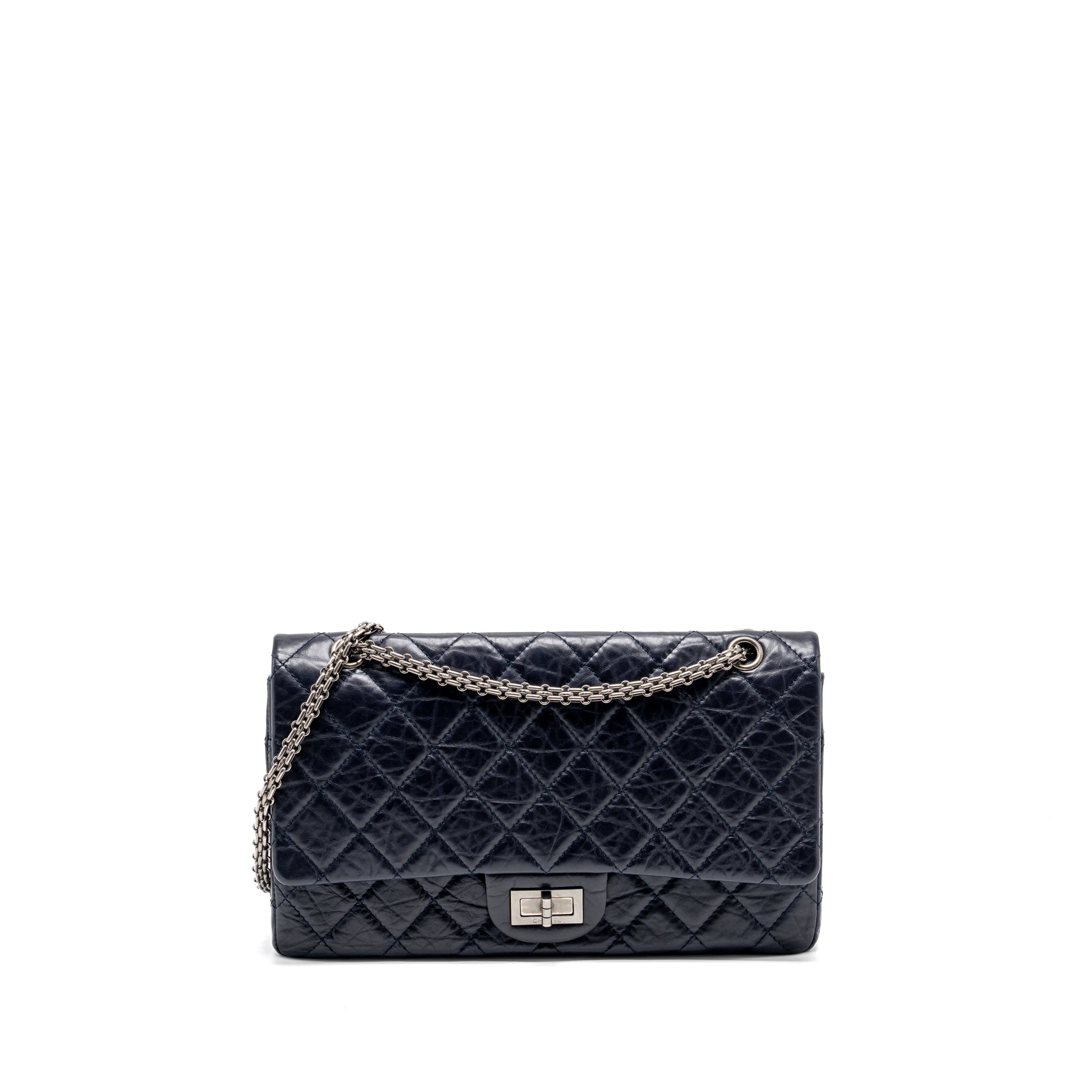 CHANEL MAXI 2.55 REISSUE FLAP BAG AGED CALFSKIN DARK BLUE RUTHENIUM HARDWARE