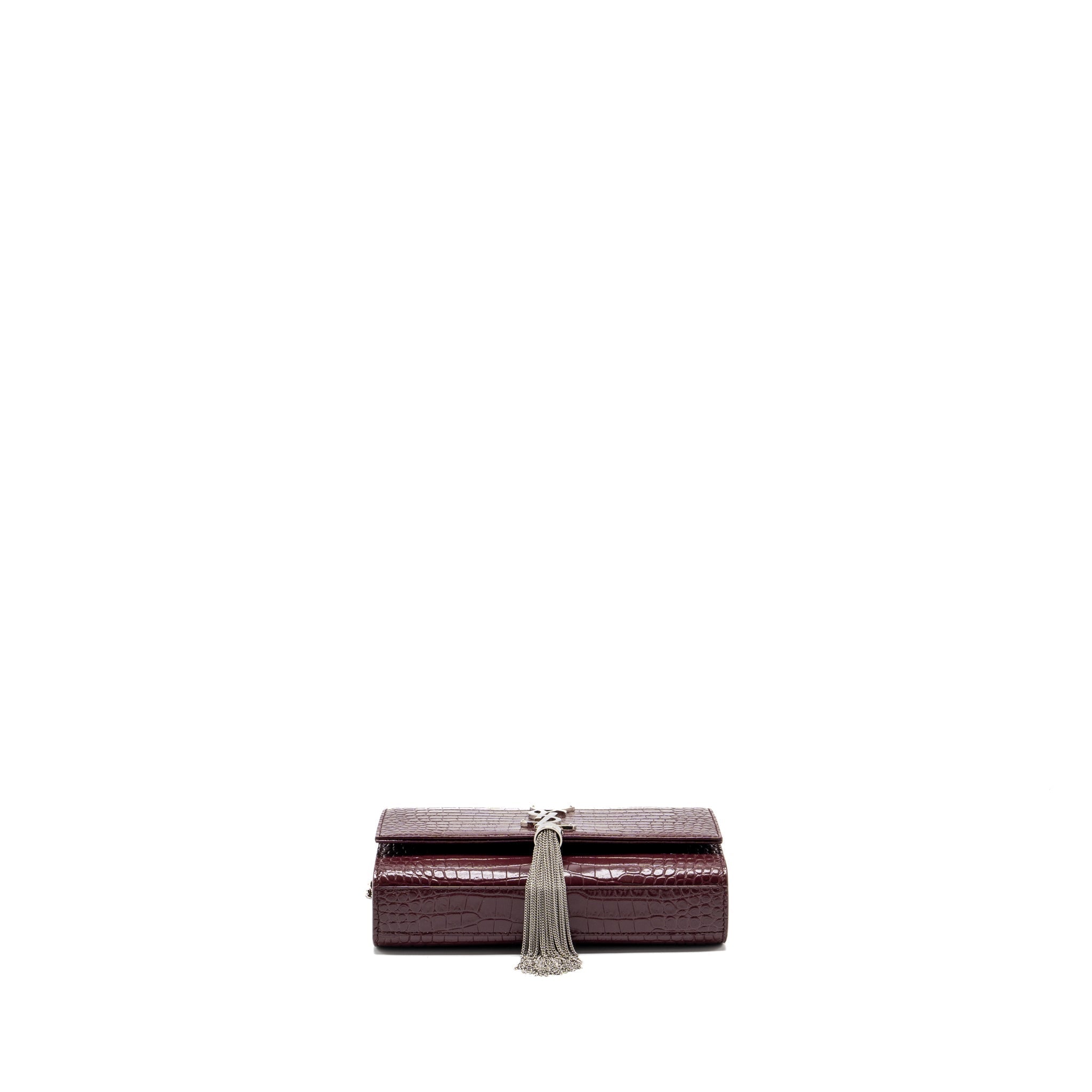 SAINT LAURENT/YSL KATE BAG CROC EMBOSSED CALFSKIN BURGUNDY SHW