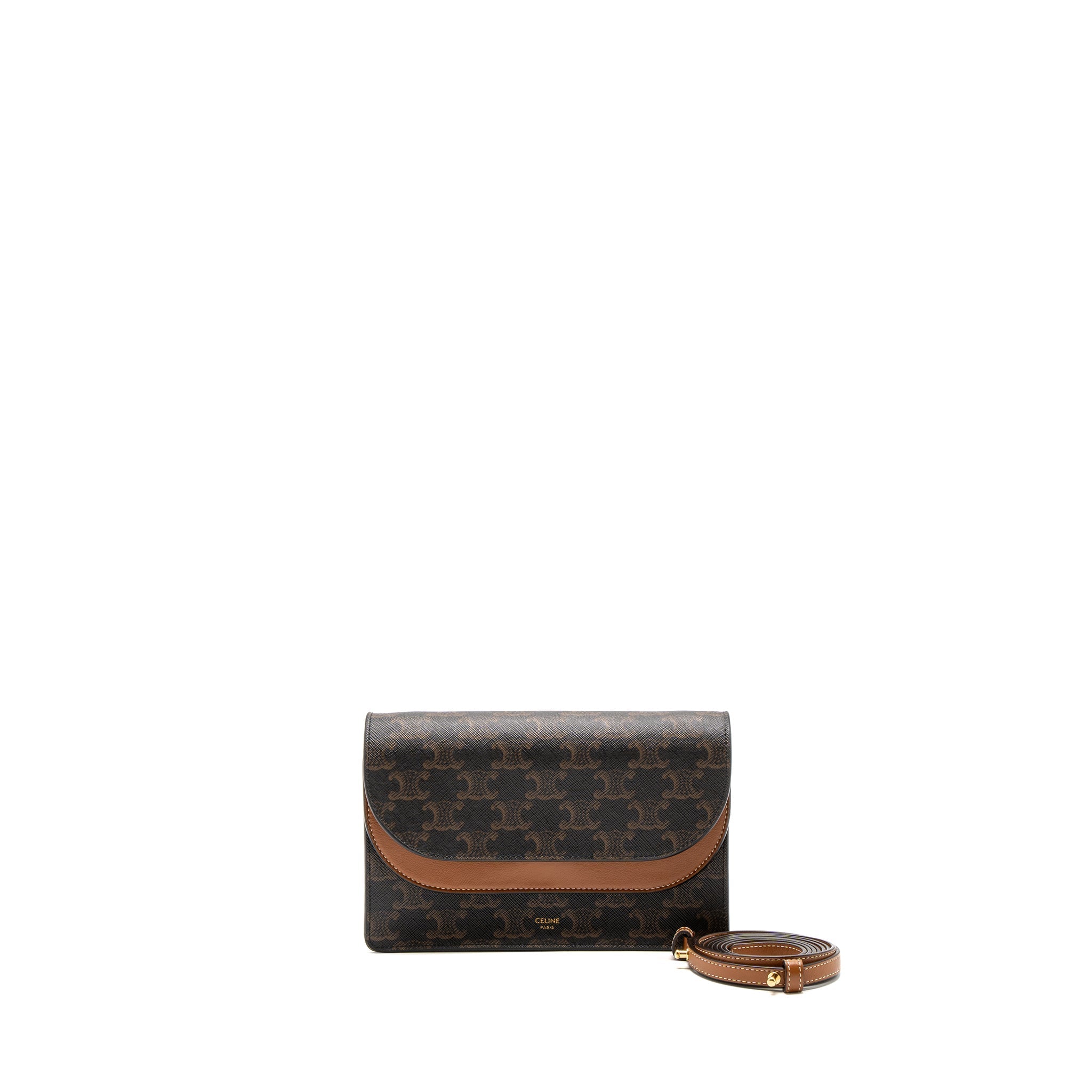 CELINE WALLET ON STRAP TRIOMPHE CANVAS/SMOOTH LAMBSKIN TAN GHW