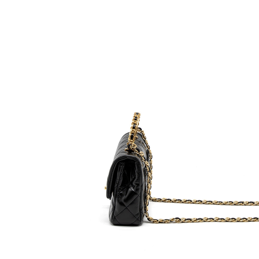 CHANEL 23S DETAIL TOP HANDLE MINI RECTANGULAR FLAP BAG SHINY LAMBSKIN BLACK GHW (MICROCHIP)