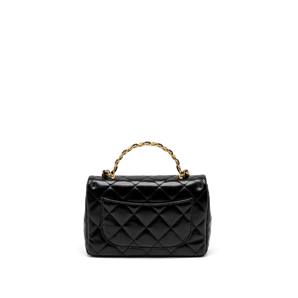 CHANEL 23S DETAIL TOP HANDLE MINI RECTANGULAR FLAP BAG SHINY LAMBSKIN BLACK GHW (MICROCHIP)