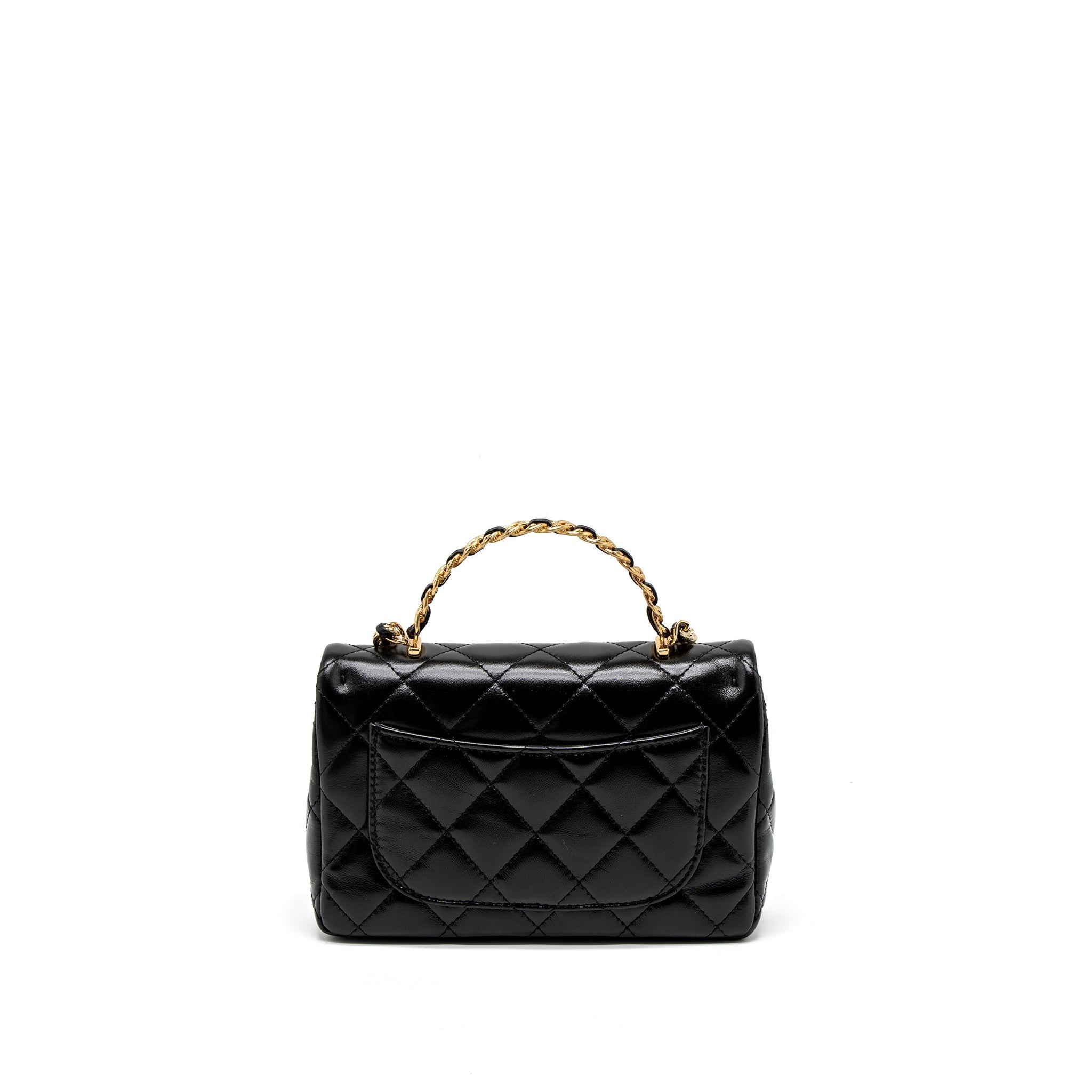 CHANEL 23S DETAIL TOP HANDLE MINI RECTANGULAR FLAP BAG SHINY LAMBSKIN BLACK GHW (MICROCHIP)