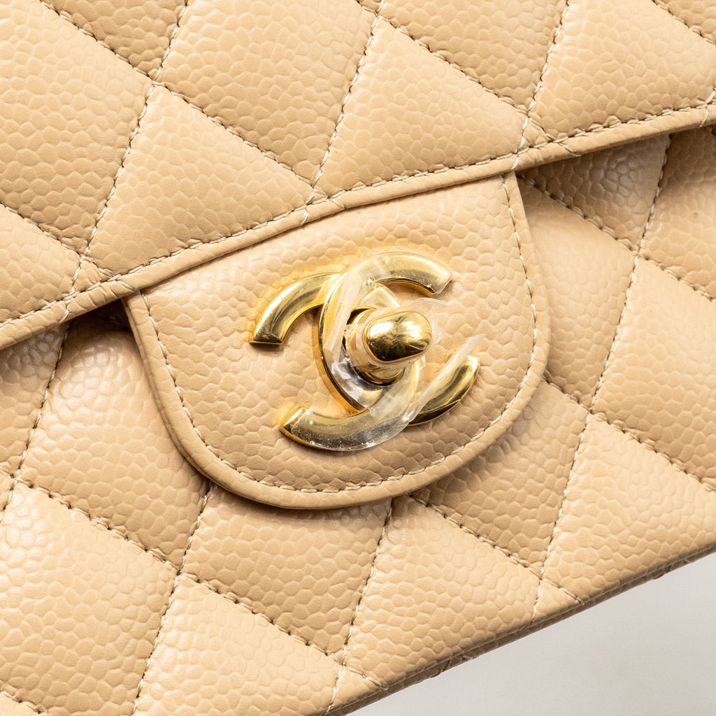 CHANEL MEDIUM CLASSIC DOUBLE FLAP BAG CAVIAR BEIGE GHW (MICROCHIP)