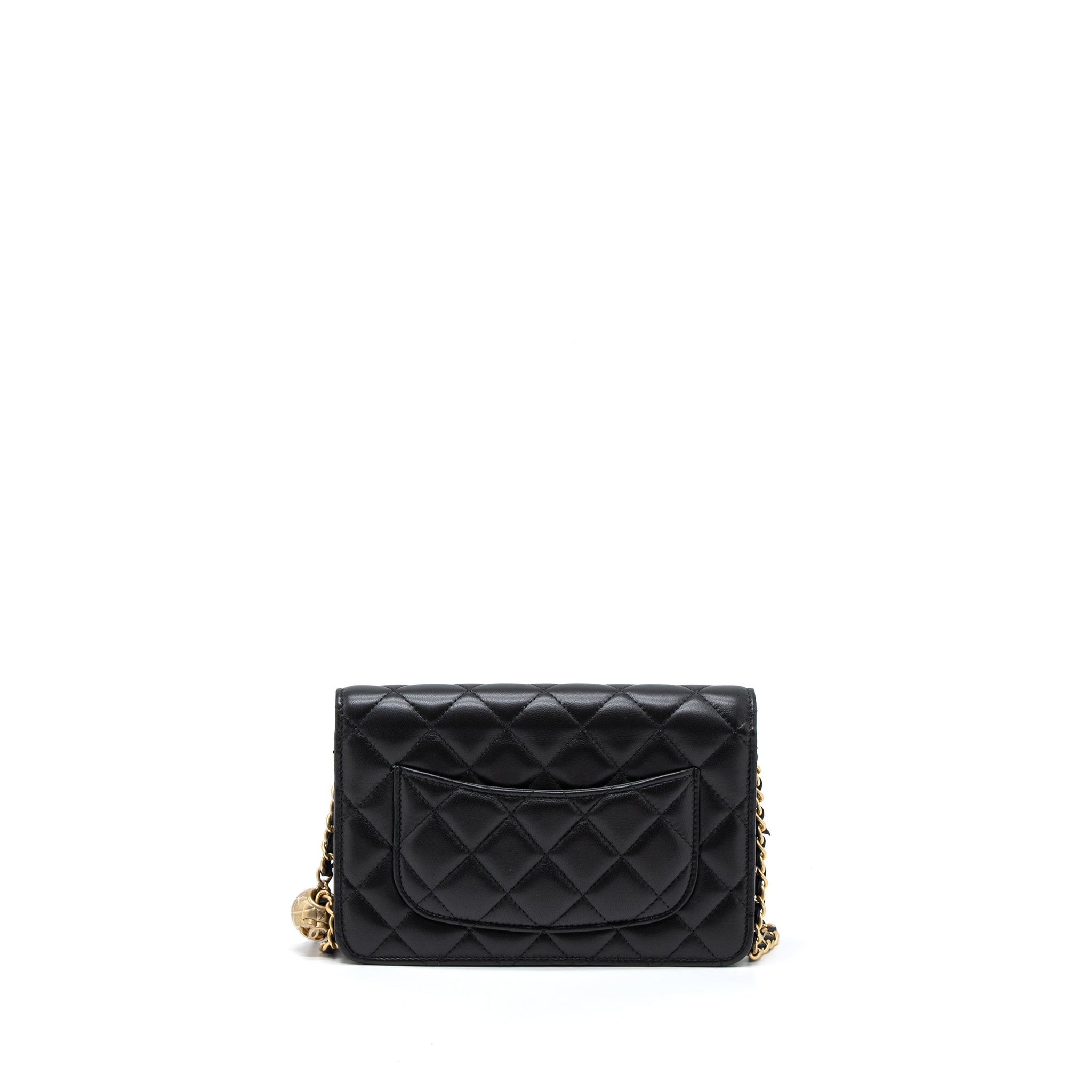 CHANEL PEARL CRUSH WALLET ON CHAIN LAMBSKIN BLACK BRUSHED GHW (MICROCHIP)