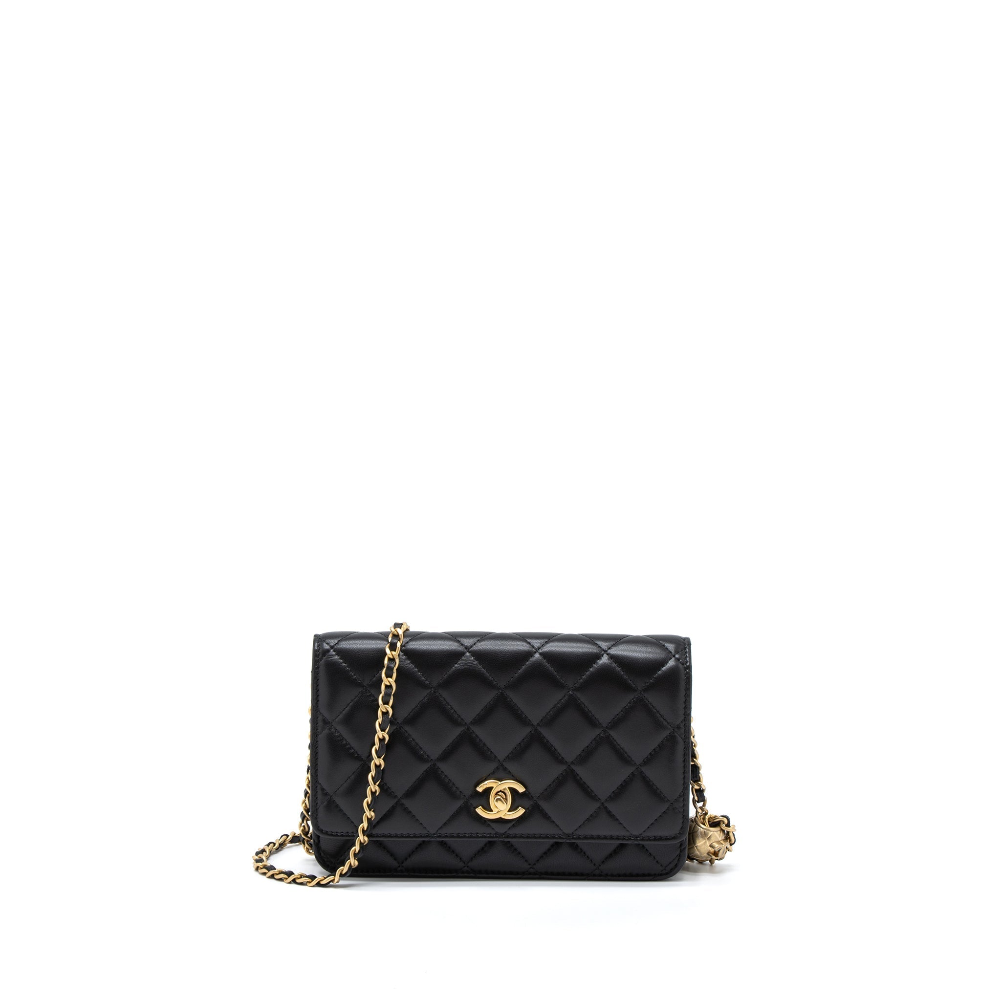 CHANEL PEARL CRUSH WALLET ON CHAIN LAMBSKIN BLACK BRUSHED GHW (MICROCHIP)