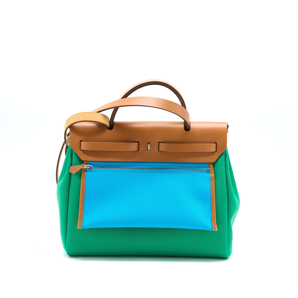 HERMES HERBAG ZIP 31 BAG CANVAS MENTHE-BLEU AZTEQUE/NATURE SHW