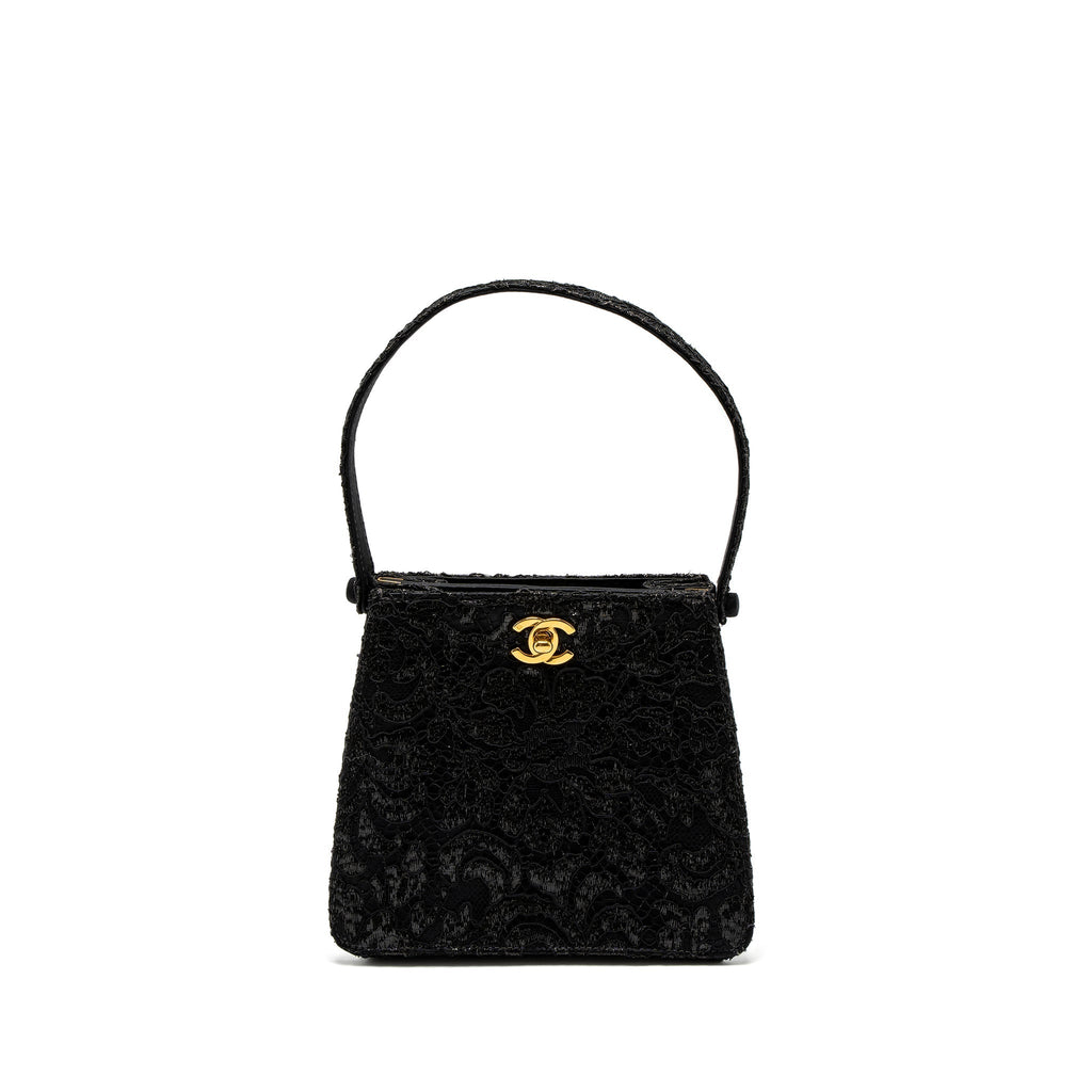 CHANEL VINTAGE DOUBLE SIDED TUMLOCK HANDBAG LACED SATIN BLACK GHW