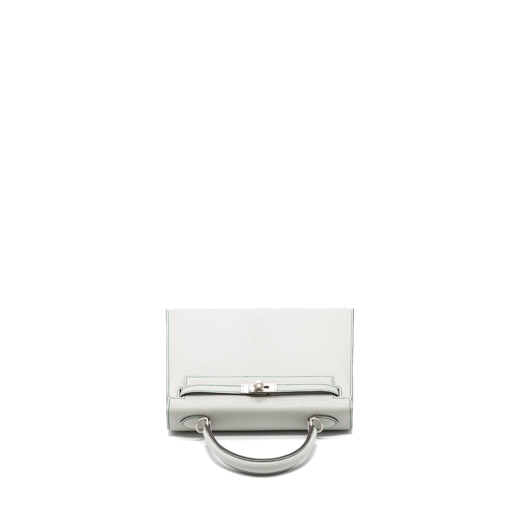 HERMES KELLY 25 CHEVRE MYSORE LEATHER GRIS PERLE / MALACHITE / VERT EMERAUDE BRUSHED SHW