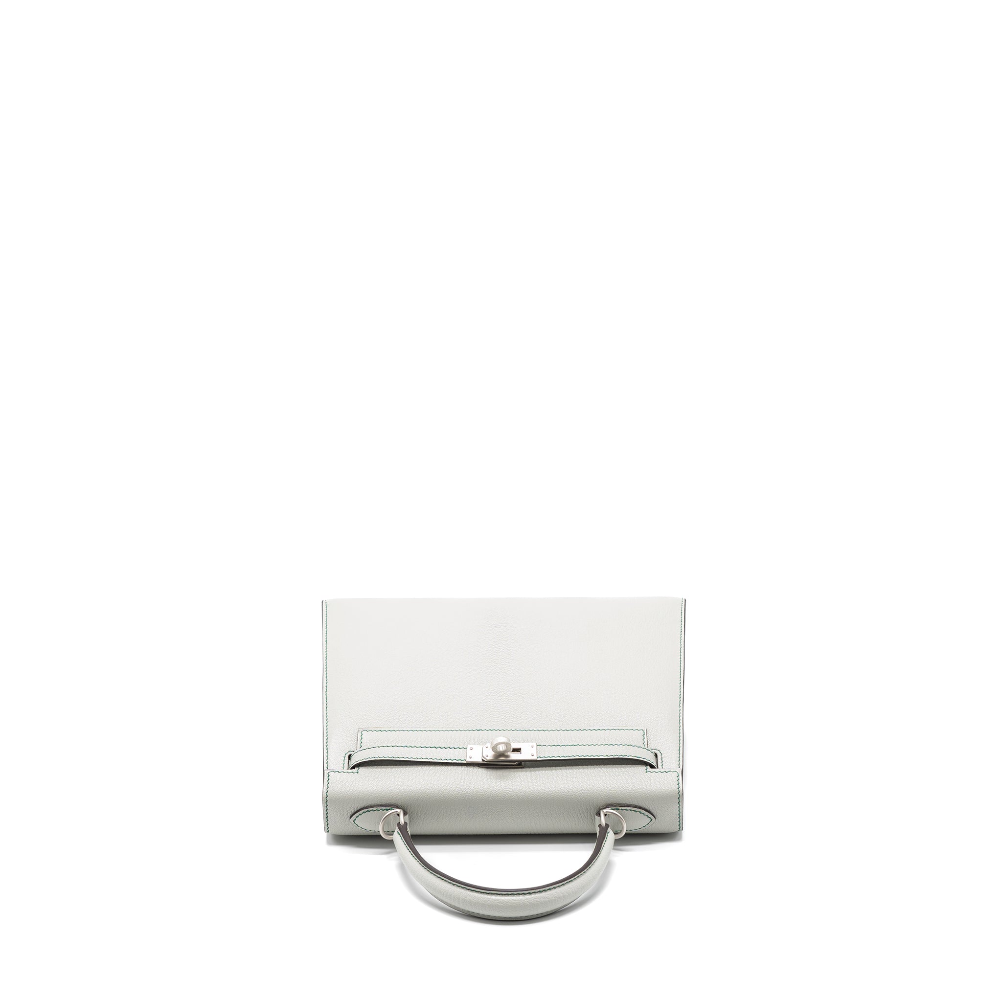 HERMES KELLY 25 CHEVRE MYSORE LEATHER GRIS PERLE / MALACHITE / VERT EMERAUDE BRUSHED SHW