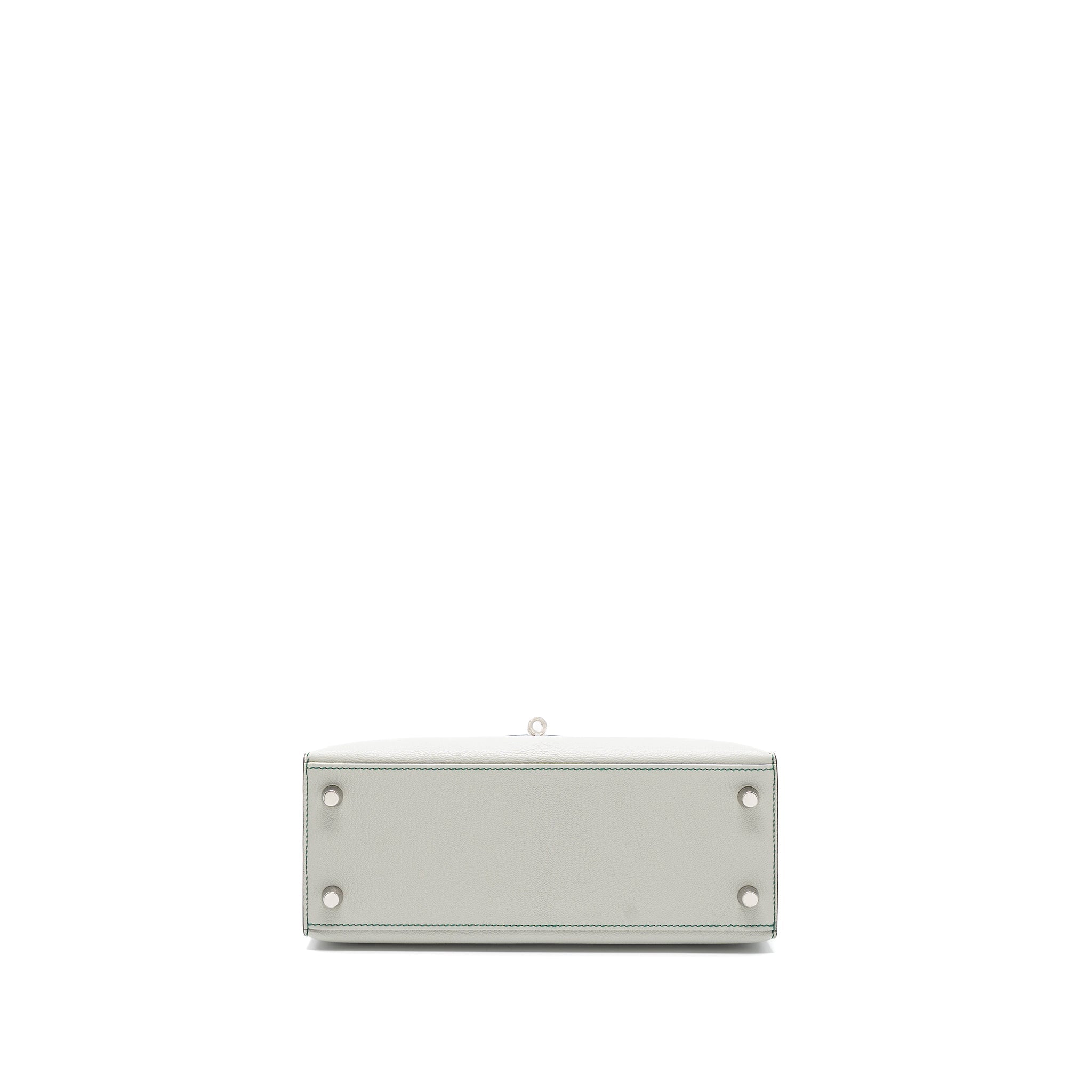 HERMES KELLY 25 CHEVRE MYSORE LEATHER GRIS PERLE / MALACHITE / VERT EMERAUDE BRUSHED SHW