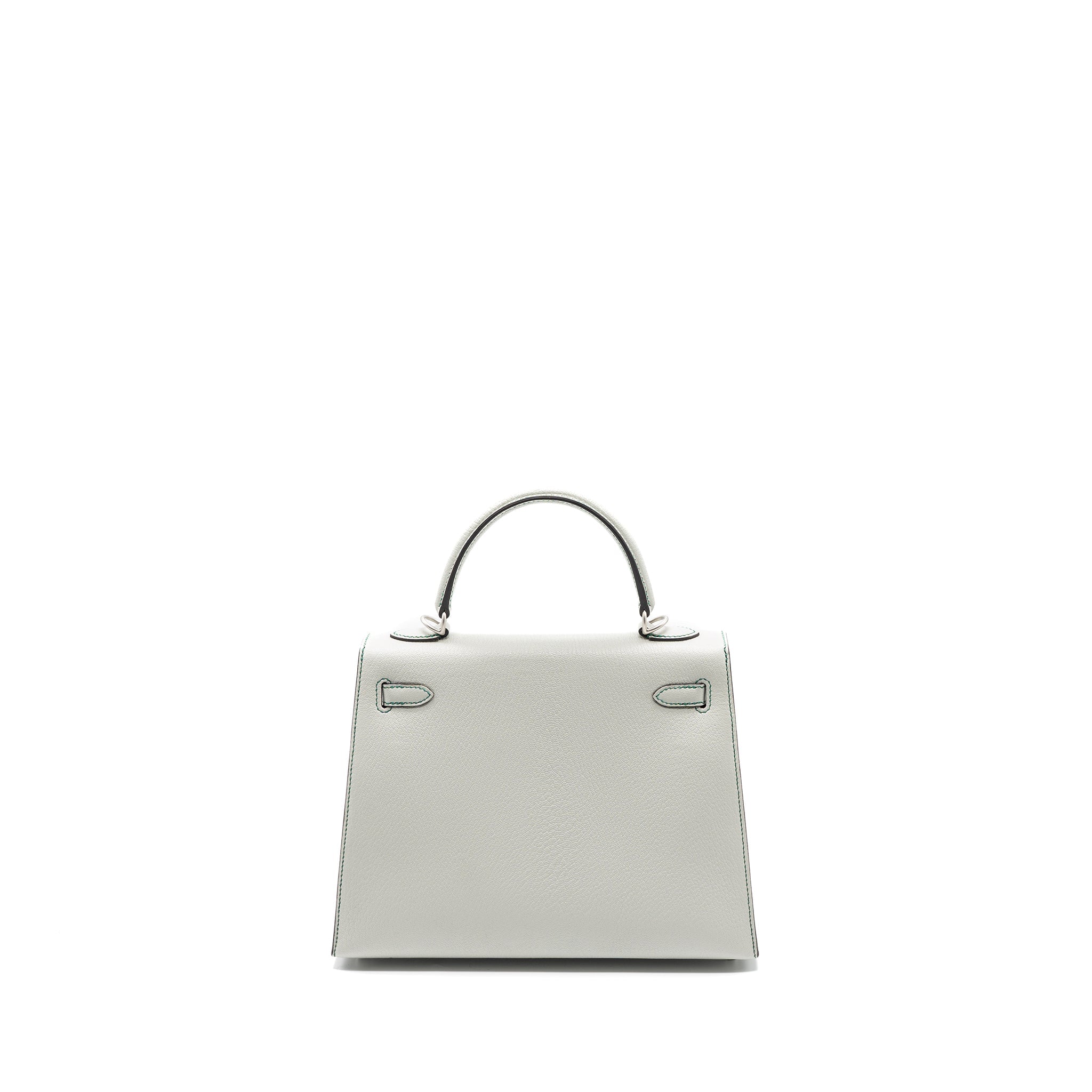 HERMES KELLY 25 CHEVRE MYSORE LEATHER GRIS PERLE / MALACHITE / VERT EMERAUDE BRUSHED SHW