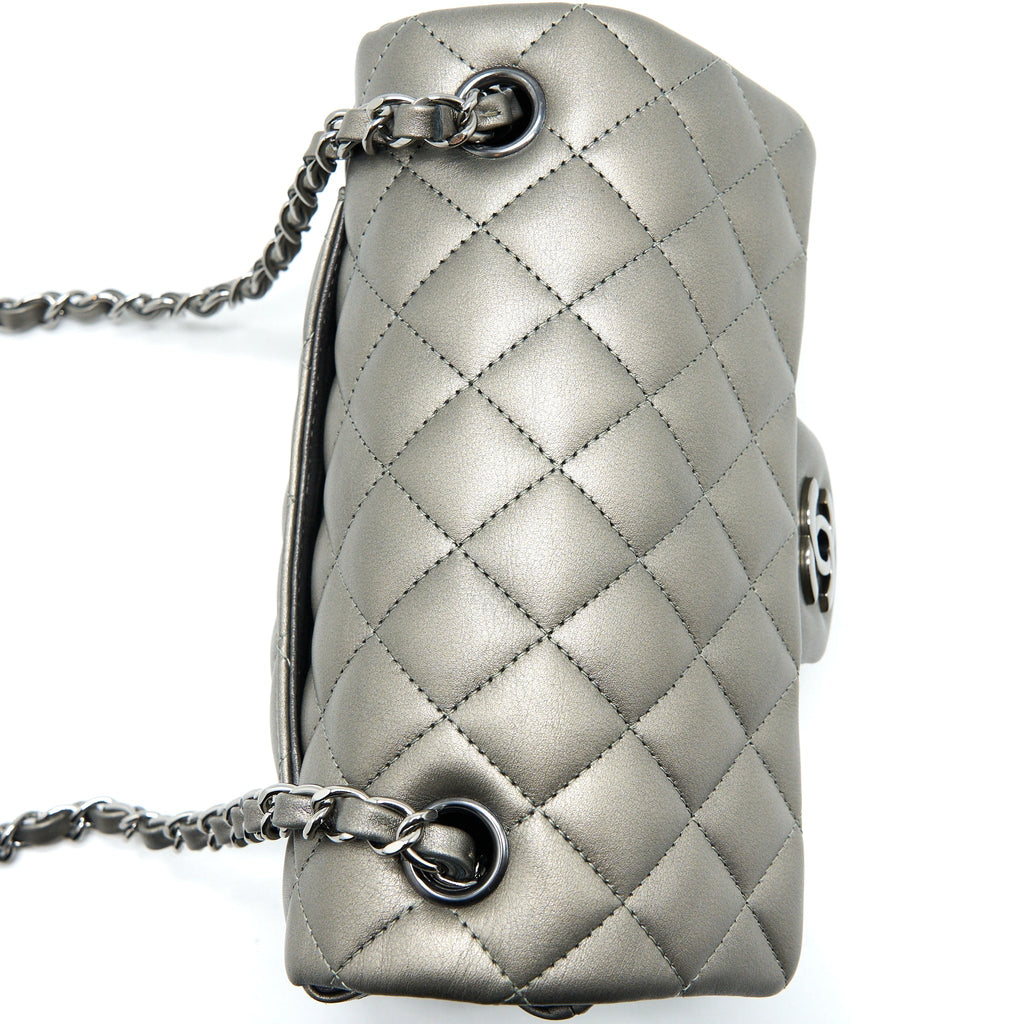 CHANEL 21B MINI RECTANGULAR FLAP BAG CALFSKIN METALLIC SILVER WITH SHINY RUTHENIUM HARDWARE (MICROCHIP)