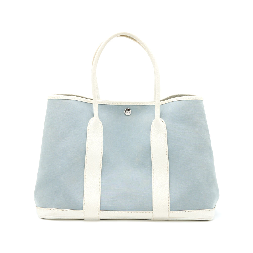 HERMES GARDEN PARTY 36 LEATHER/CANVAS LIGHT BLUE/BLANC SHW