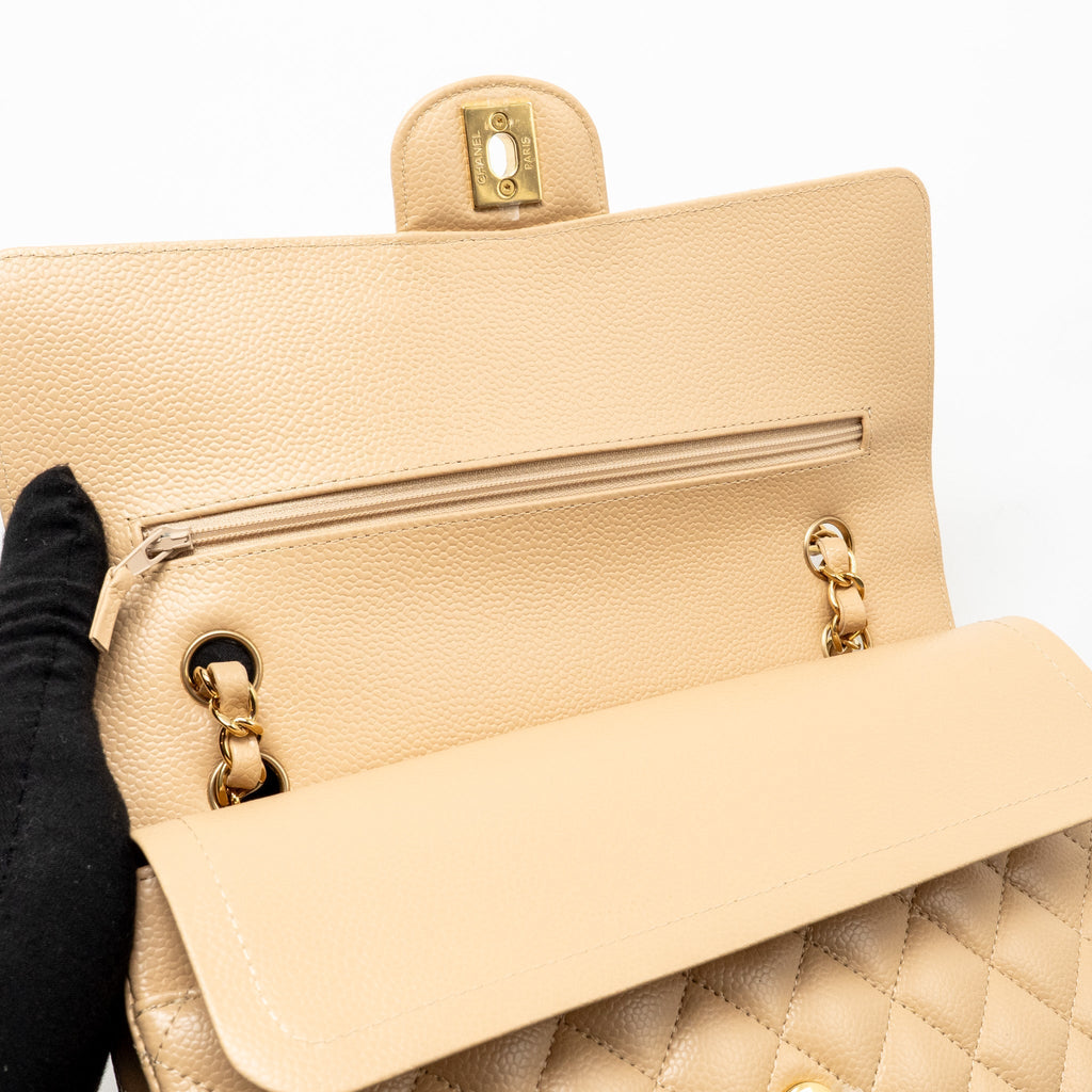 CHANEL MEDIUM CLASSIC DOUBLE FLAP BAG CAVIAR BEIGE GHW (MICROCHIP)