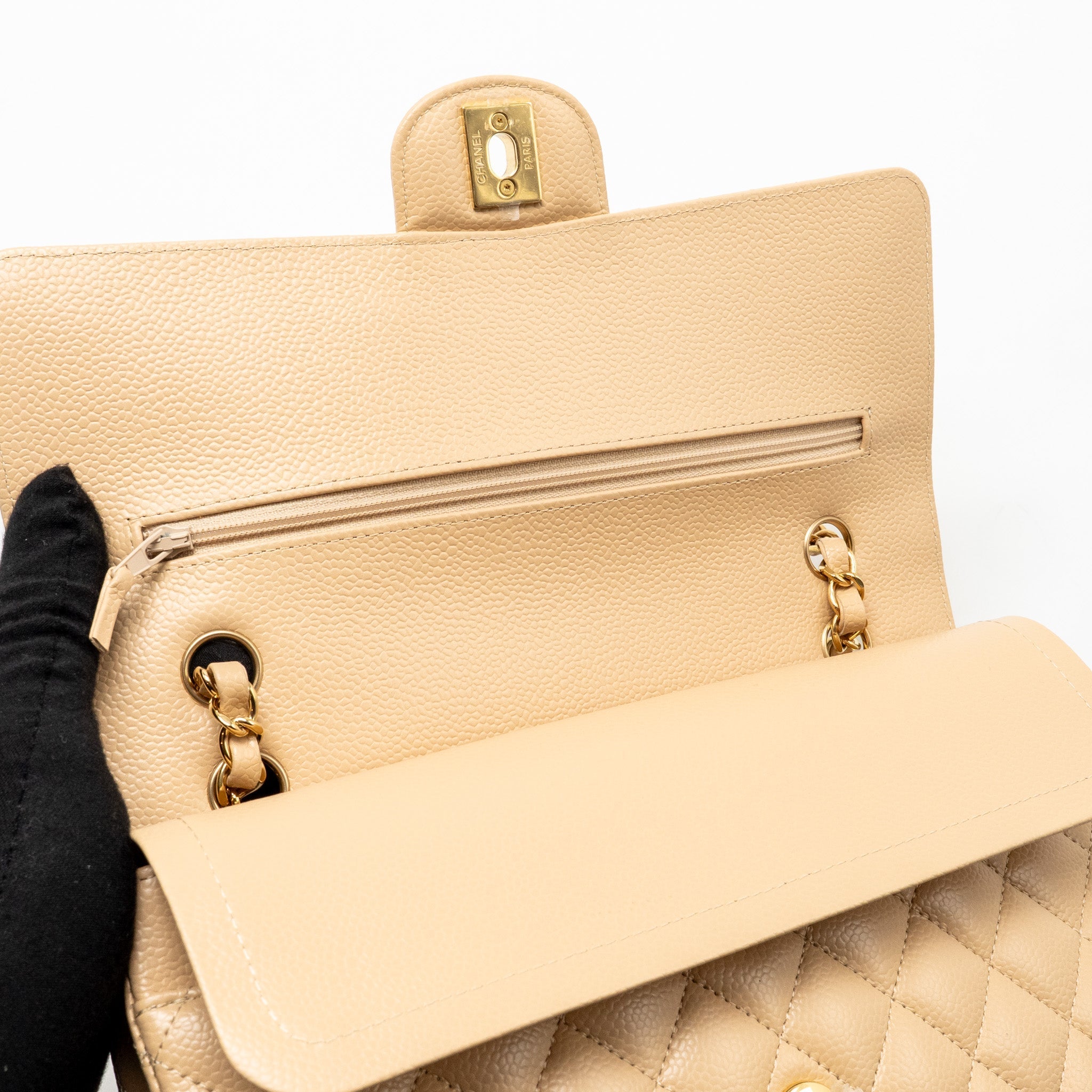 CHANEL MEDIUM CLASSIC DOUBLE FLAP BAG CAVIAR BEIGE GHW (MICROCHIP)