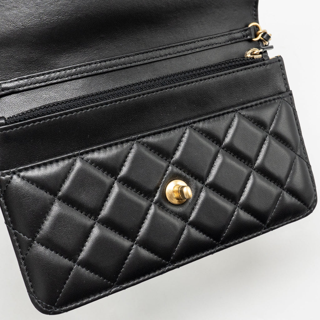 CHANEL PEARL CRUSH WALLET ON CHAIN LAMBSKIN BLACK GHW (MICROCHIP)
