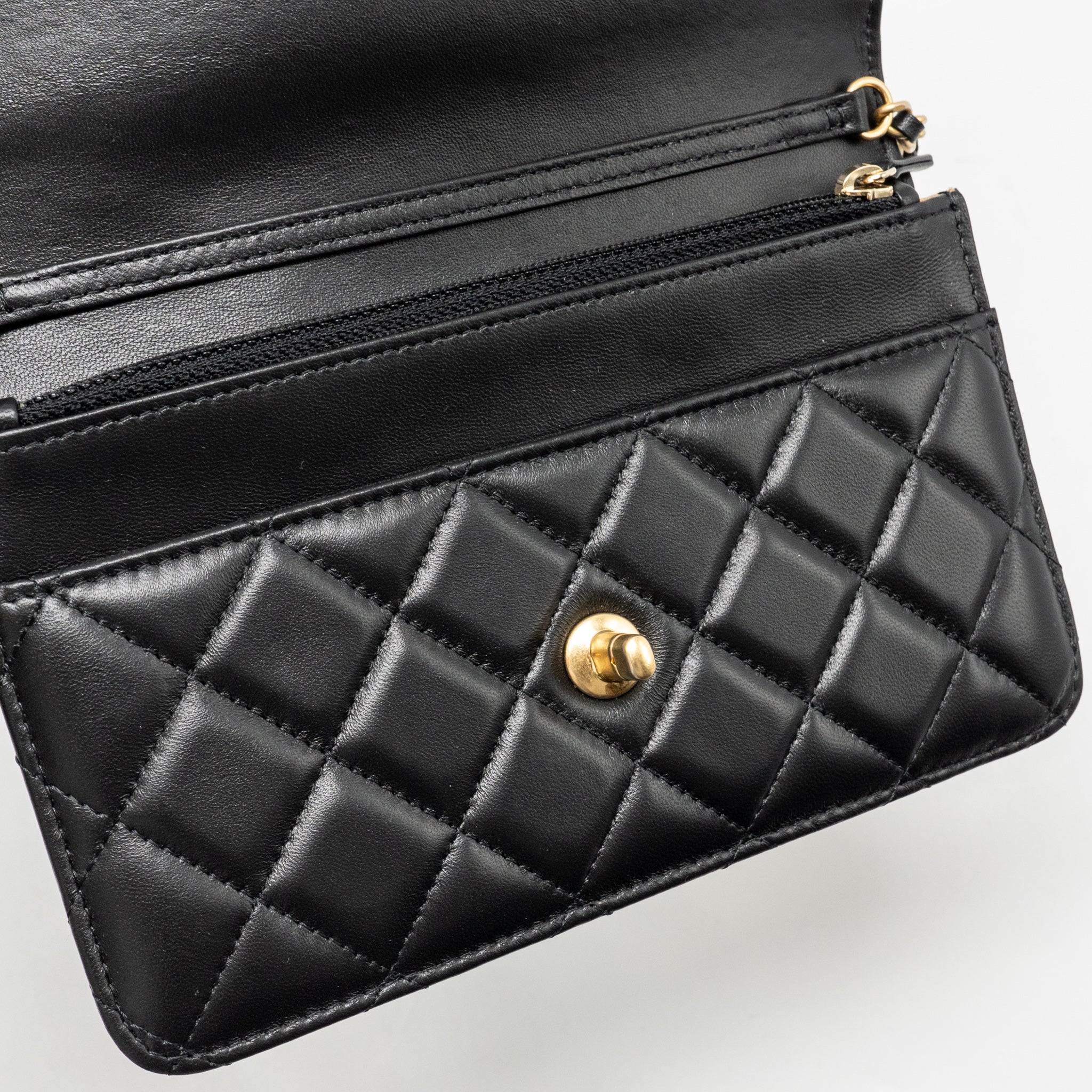 CHANEL PEARL CRUSH WALLET ON CHAIN LAMBSKIN BLACK GHW (MICROCHIP)