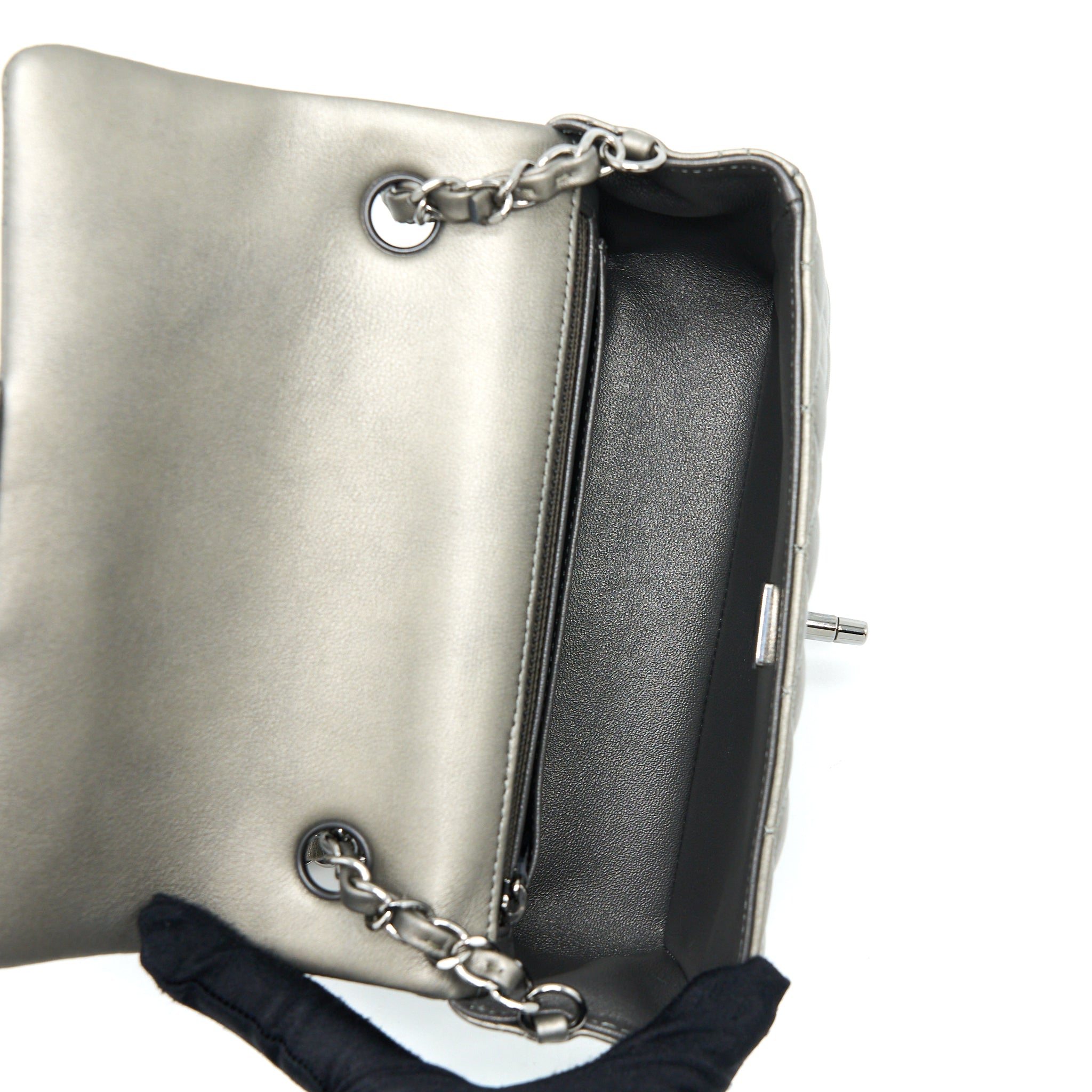CHANEL 21B MINI RECTANGULAR FLAP BAG CALFSKIN METALLIC SILVER WITH SHINY RUTHENIUM HARDWARE (MICROCHIP)