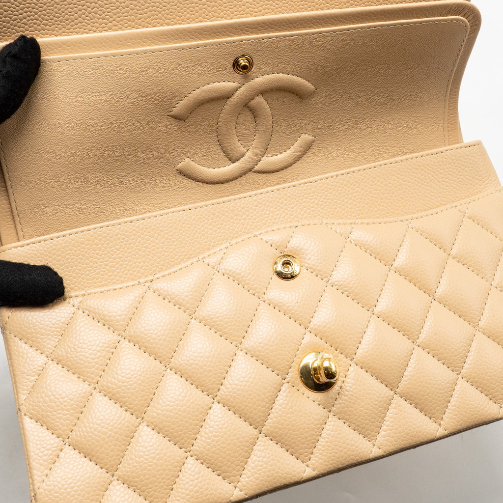 CHANEL MEDIUM CLASSIC DOUBLE FLAP BAG CAVIAR BEIGE GHW (MICROCHIP)