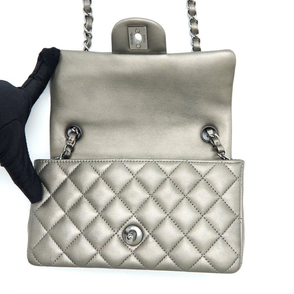CHANEL 21B MINI RECTANGULAR FLAP BAG CALFSKIN METALLIC SILVER WITH SHINY RUTHENIUM HARDWARE (MICROCHIP)