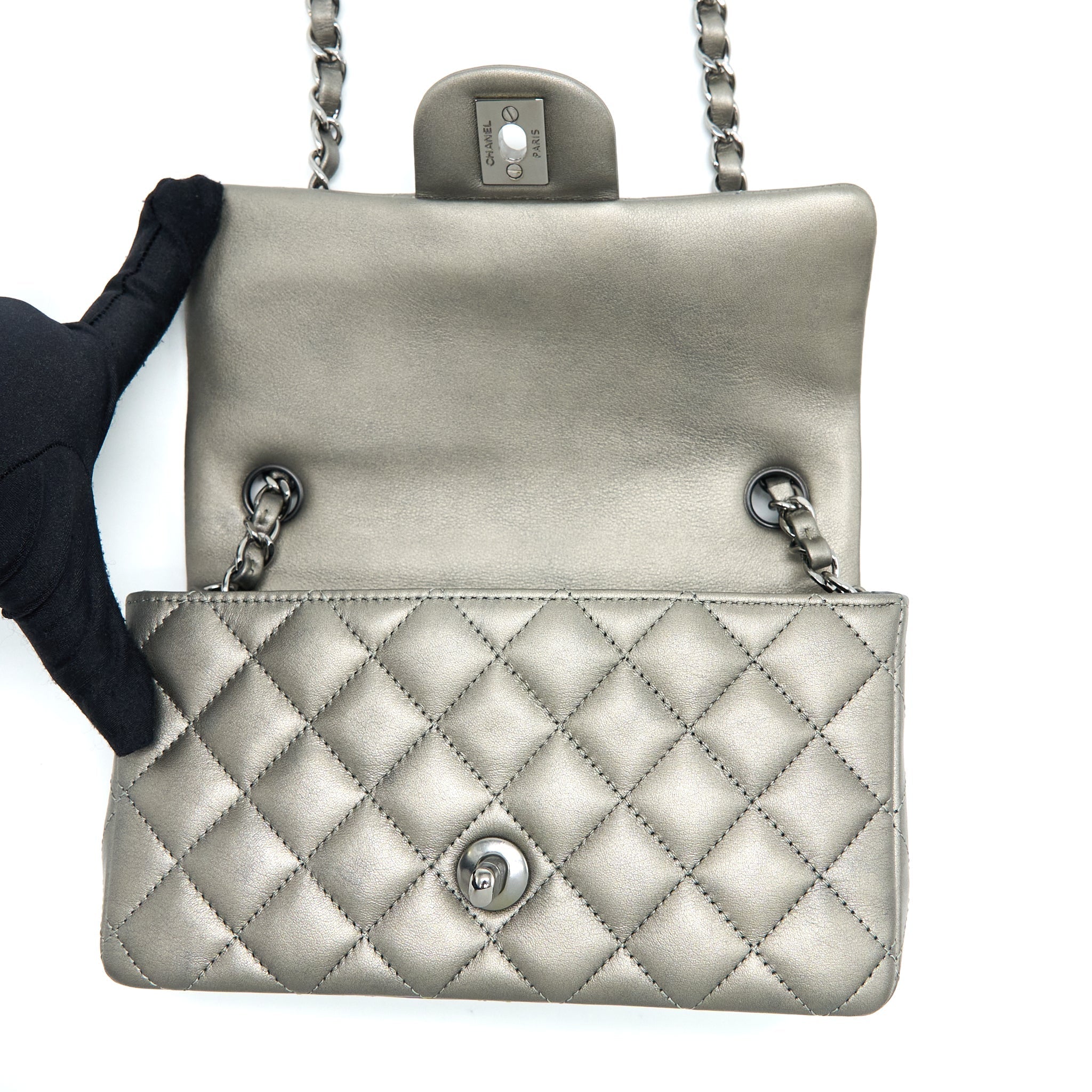 CHANEL 21B MINI RECTANGULAR FLAP BAG CALFSKIN METALLIC SILVER WITH SHINY RUTHENIUM HARDWARE (MICROCHIP)