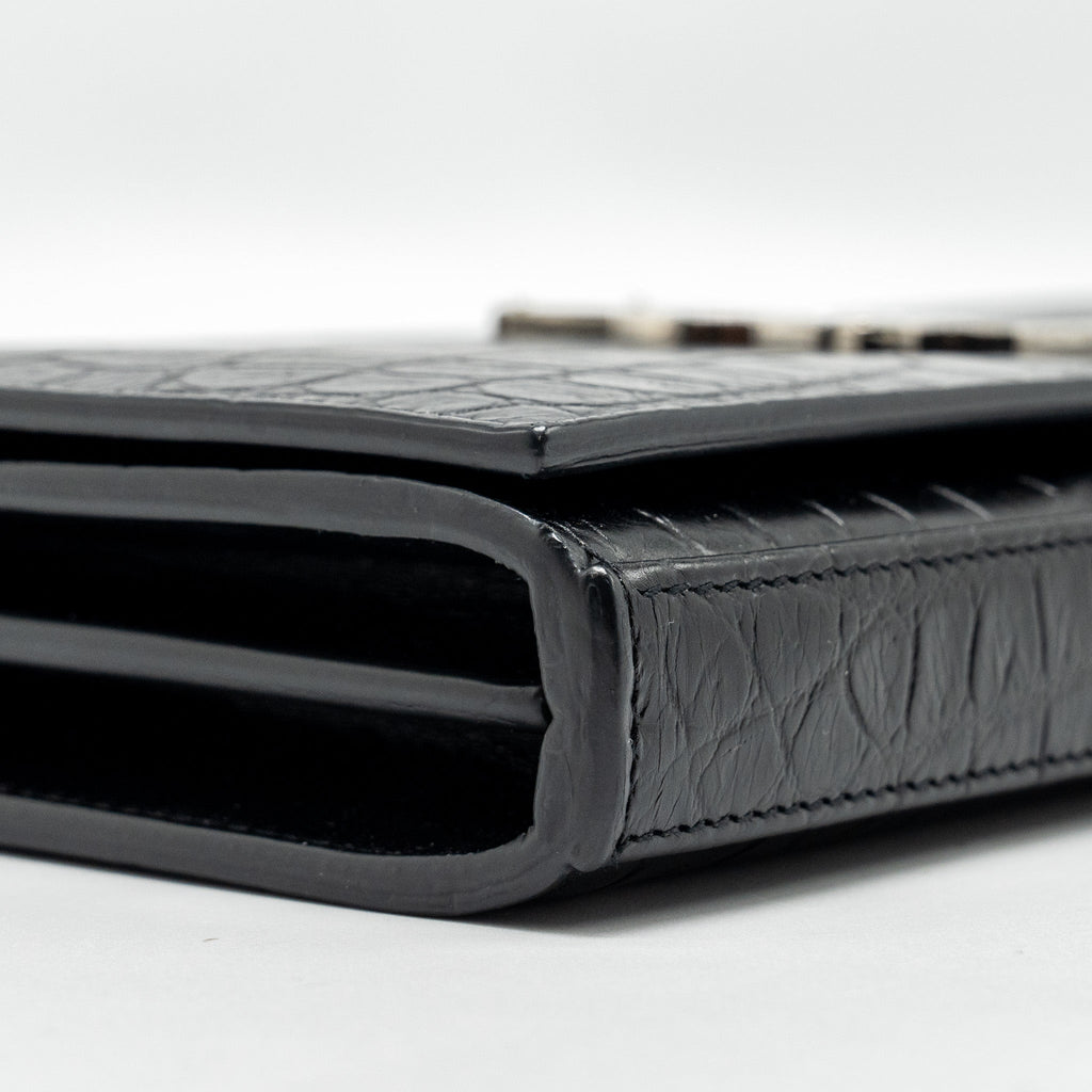 SAINT LAURENT / YSL CLASSIC CHAIN WALLET CROC-EMBOSSED CALFSKIN BLACK SHW