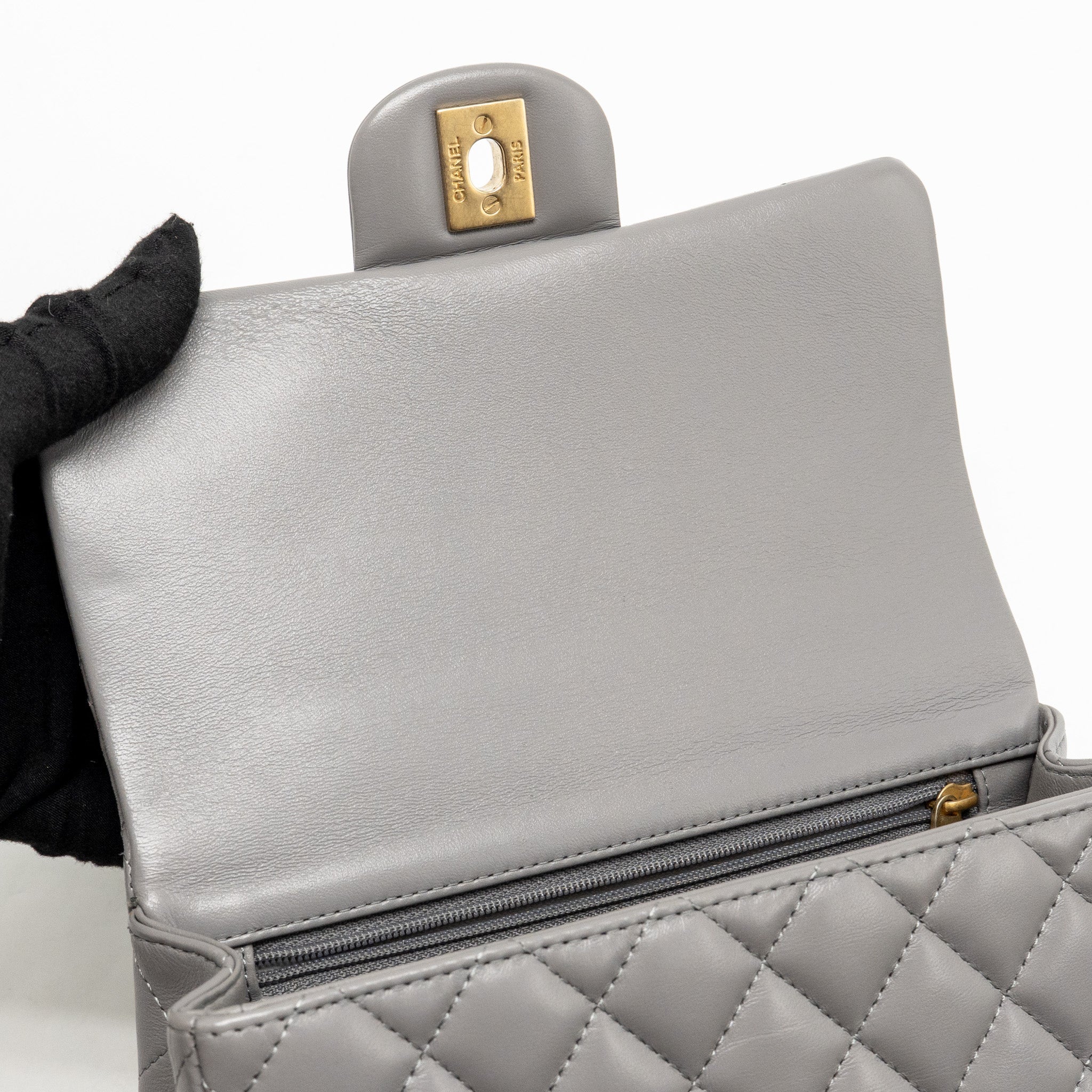 CHANEL 22K METAL TOP HANDLE MINI RECTANGULAR FLAP BAG LAMBSKIN GREY GHW (MICROCHIP)