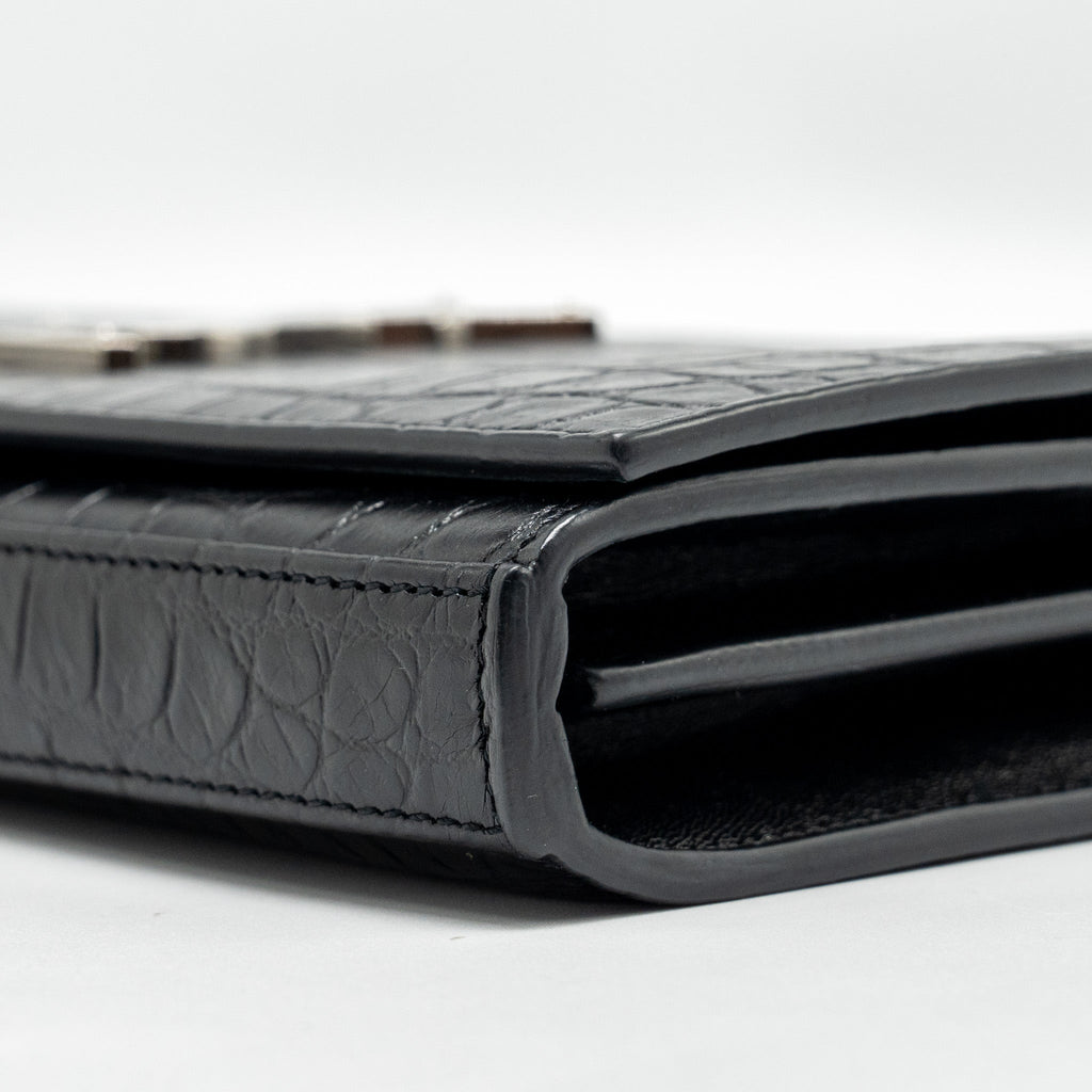 SAINT LAURENT / YSL CLASSIC CHAIN WALLET CROC-EMBOSSED CALFSKIN BLACK SHW