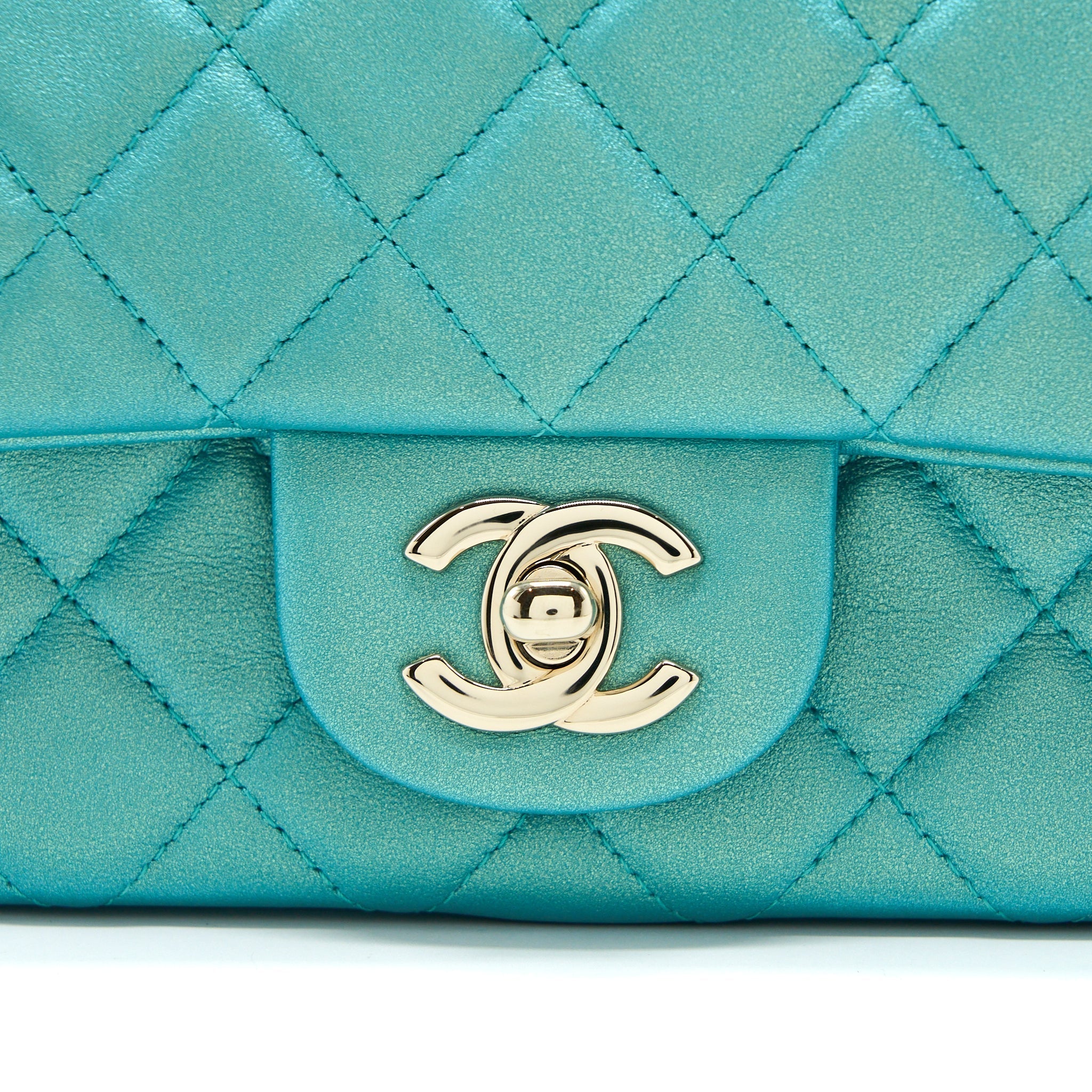CHANEL 21S MINI RECTANGULAR FLAP BAG CALFSKIN IRIDESCENT GREEN LGHW
