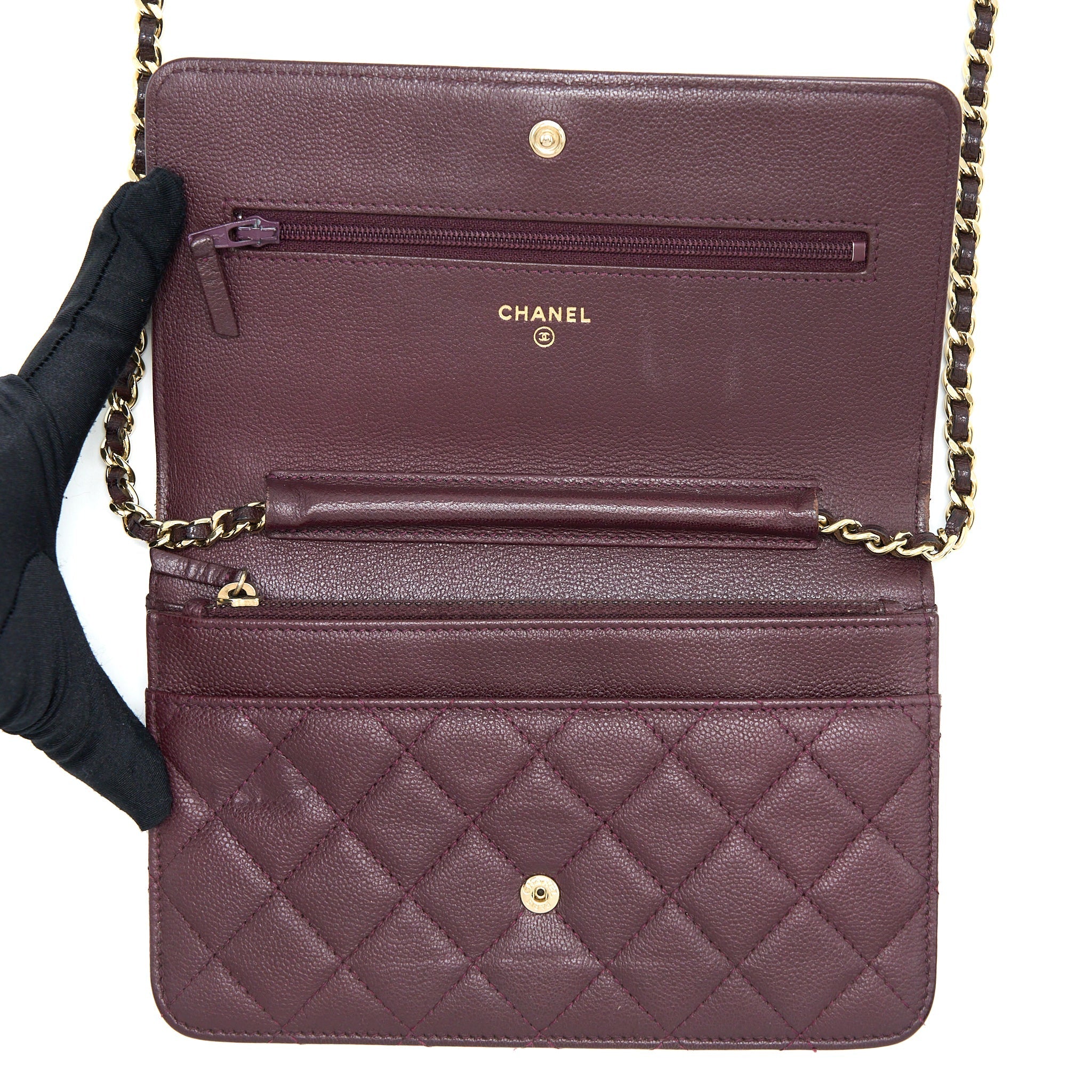 CHANEL BOY WALLET ON CHAIN CAVIAR BURGUNDY GHW