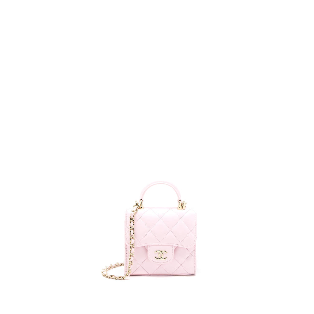 CHANEL TOP HANDLE MINI FLAP BAG WITH CHAIN LAMBSKIN LIGHT PINK LGHW