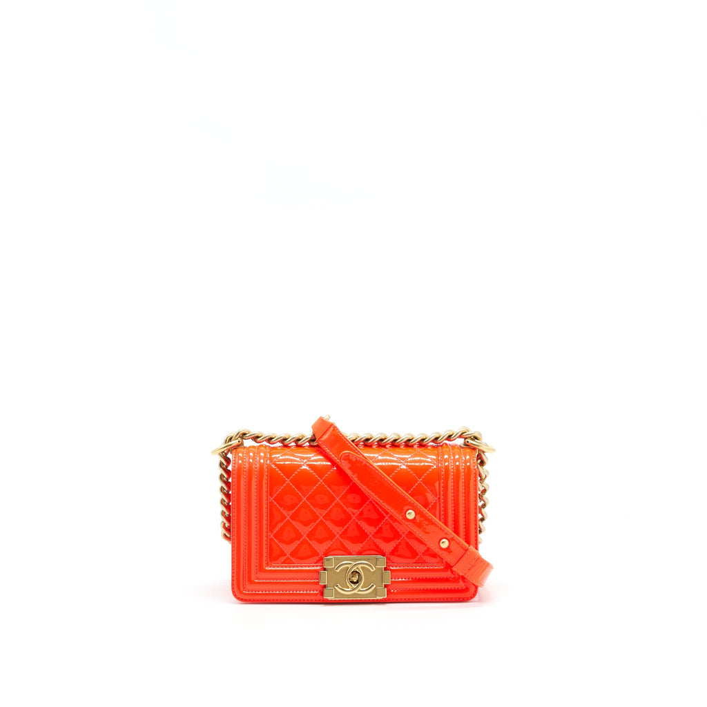 CHANEL SMALL BOY BAG PATENT LEATHER BRIGHT ORANGE GHW