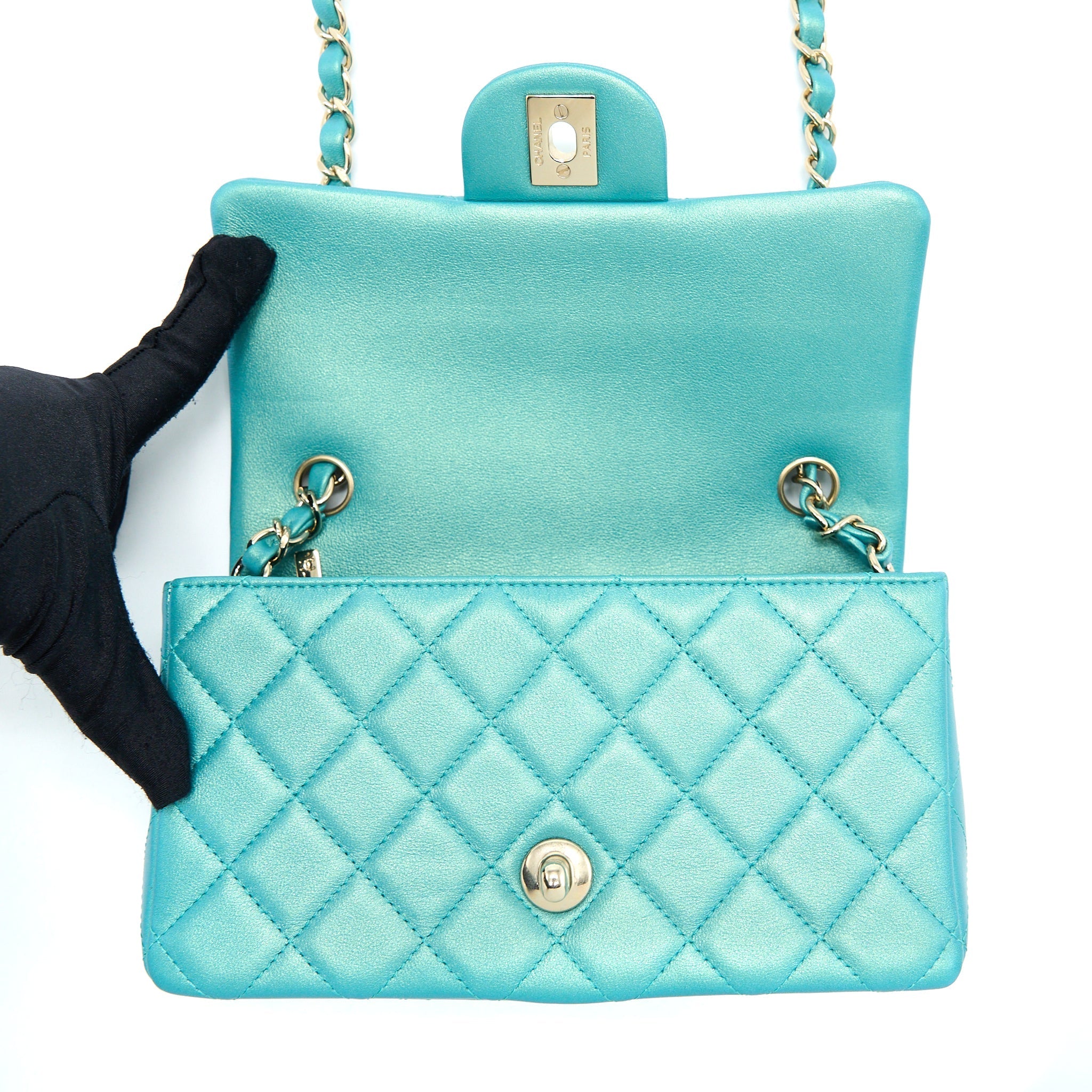 CHANEL 21S MINI RECTANGULAR FLAP BAG CALFSKIN IRIDESCENT GREEN LGHW