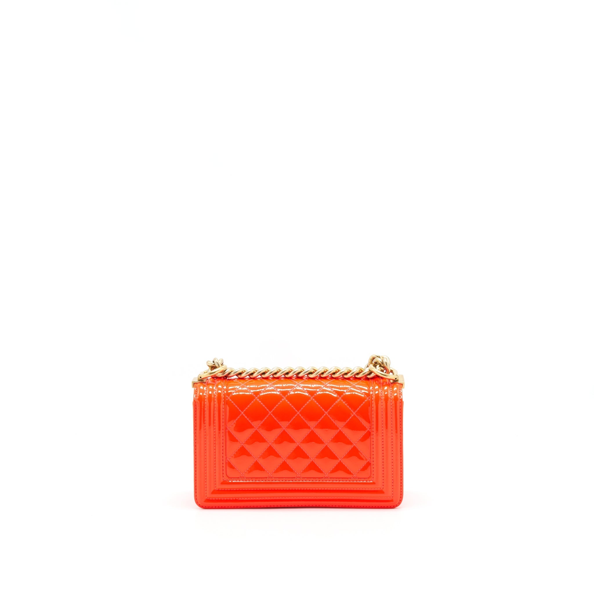 CHANEL SMALL BOY BAG PATENT LEATHER BRIGHT ORANGE GHW