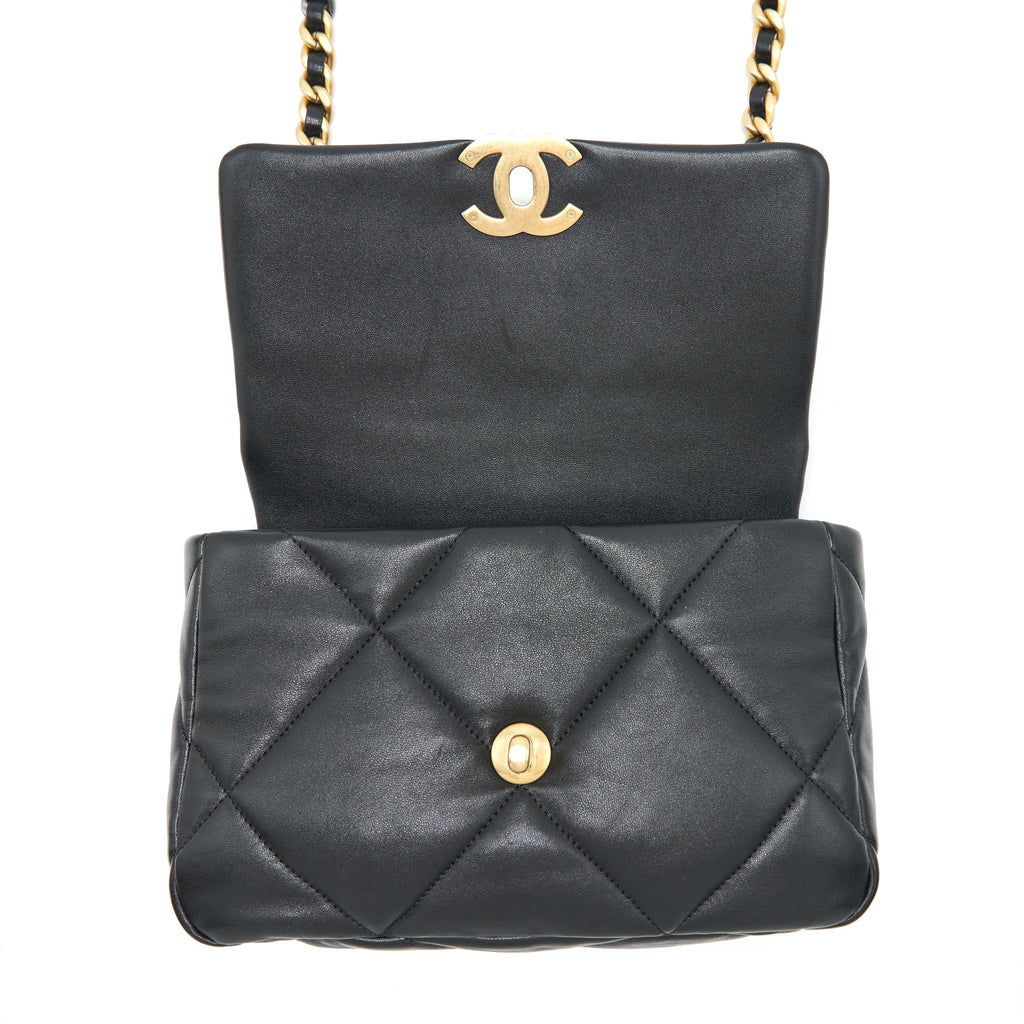CHANEL SMALL 19 BAG LAMBSKIN BLACK WITH GOLD AND SILVER HARDWARE