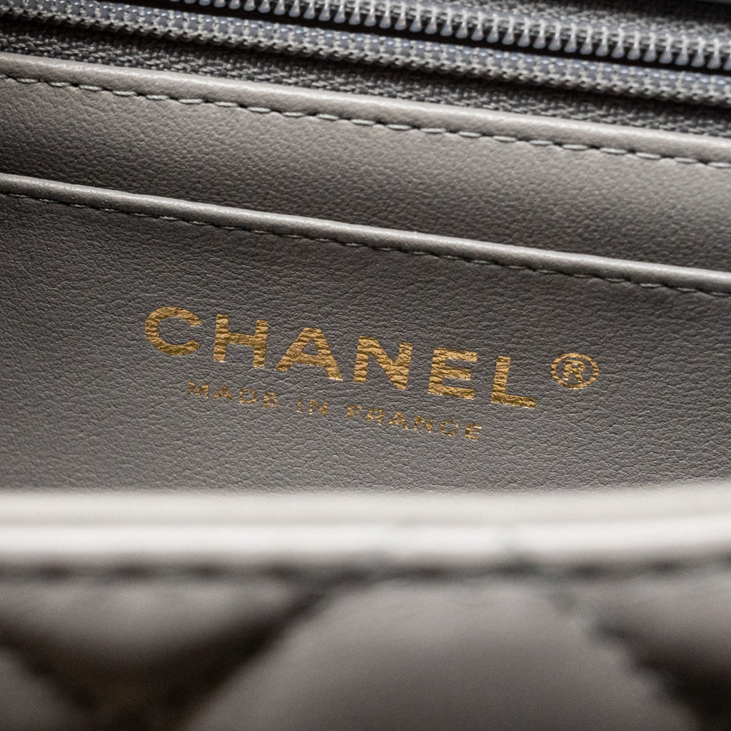 CHANEL 22K METAL TOP HANDLE MINI RECTANGULAR FLAP BAG LAMBSKIN GREY GHW (MICROCHIP)
