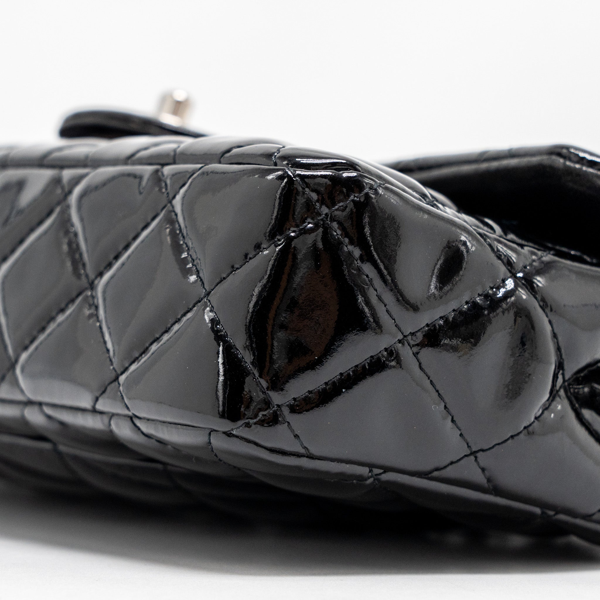 CHANEL EAST WEST FLAP SHOULDER BAG PATENT LEATHER BLACK SHW