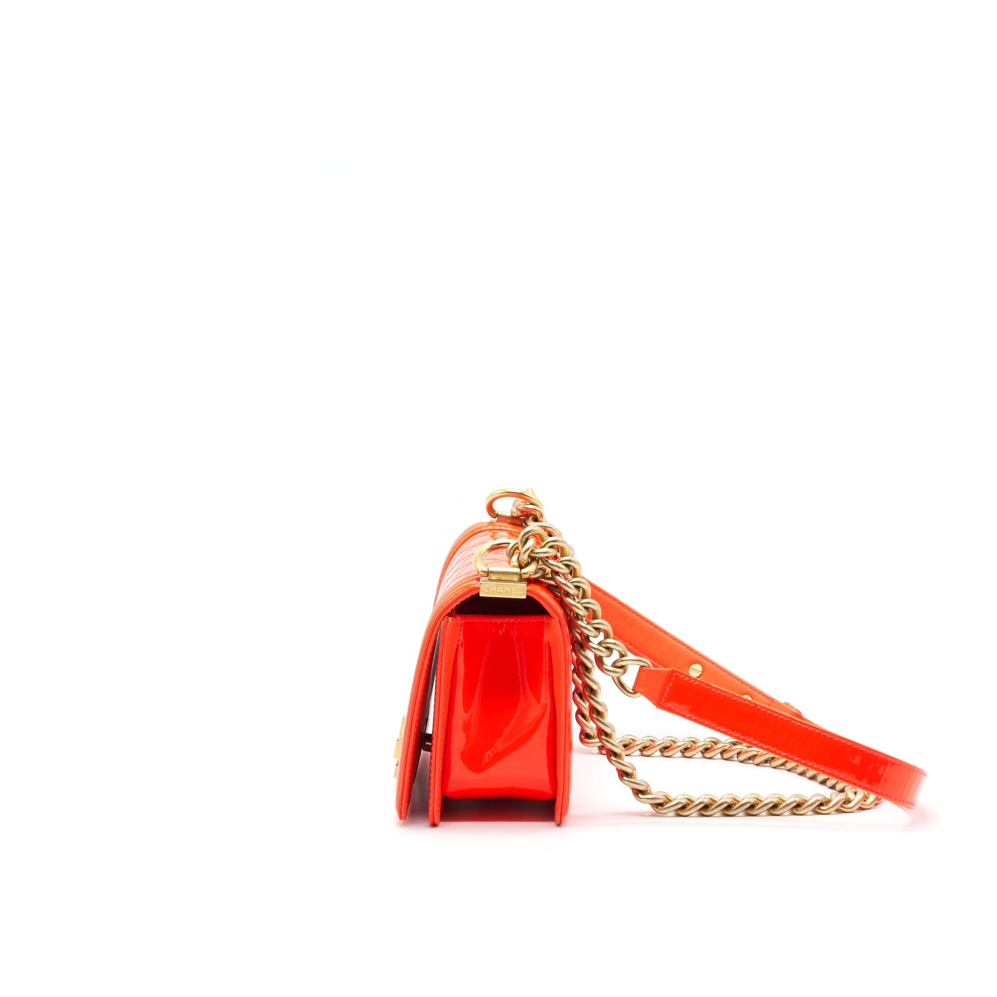 CHANEL SMALL BOY BAG PATENT LEATHER BRIGHT ORANGE GHW