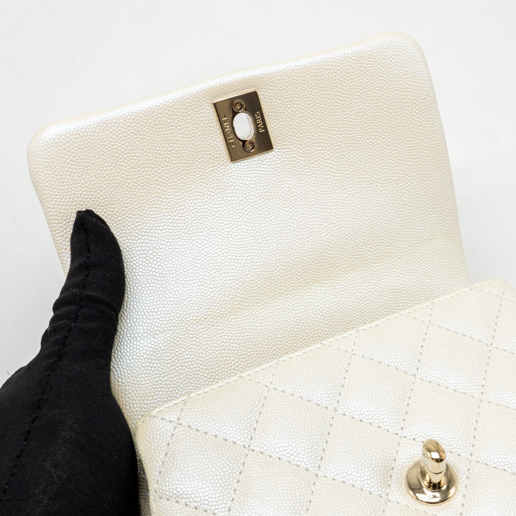 CHANEL MINI COCO HANDLE CAVIAR IRIDESCENT WHITE LGHW