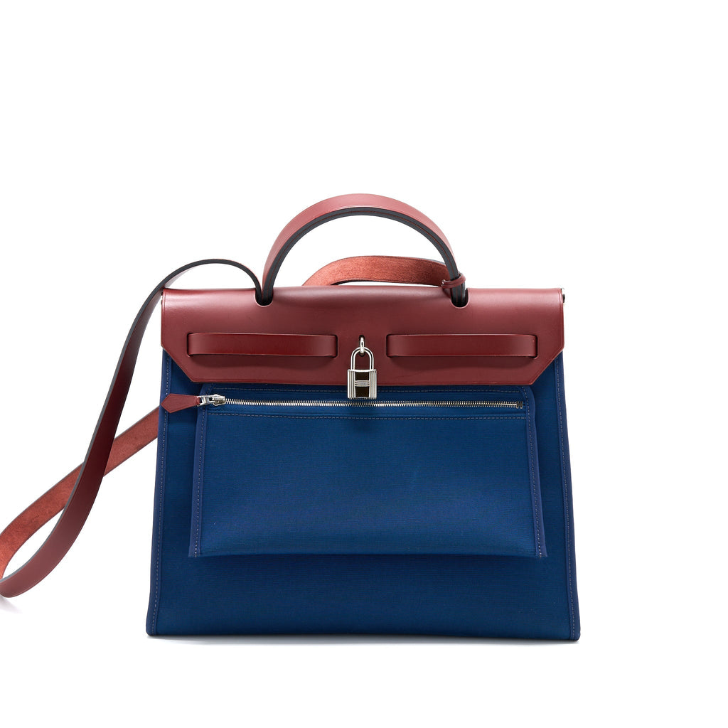 HERMES HERBAG ZIP 31 LEATHER/CANVAS BLUE/RED SHW