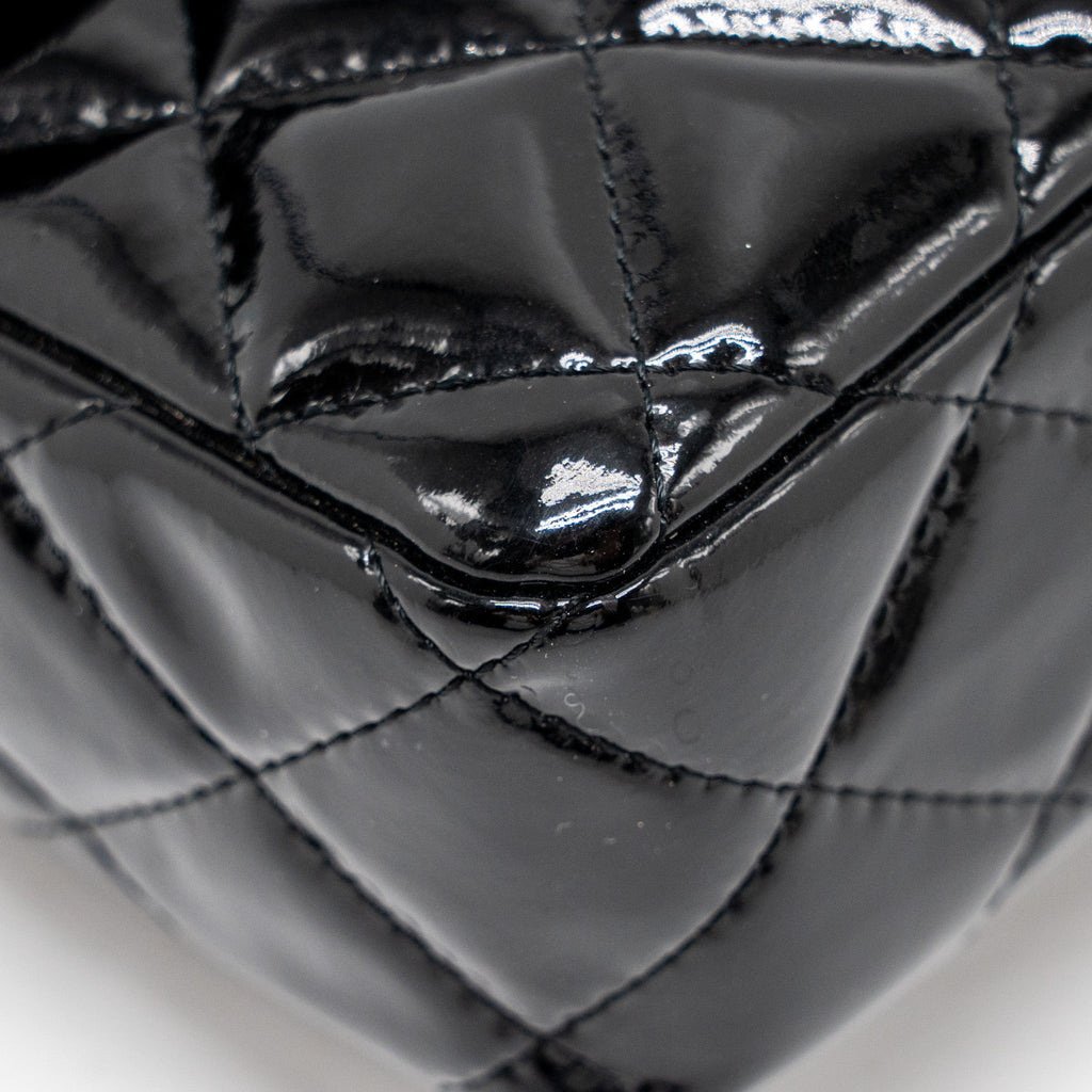 CHANEL EAST WEST FLAP SHOULDER BAG PATENT LEATHER BLACK SHW