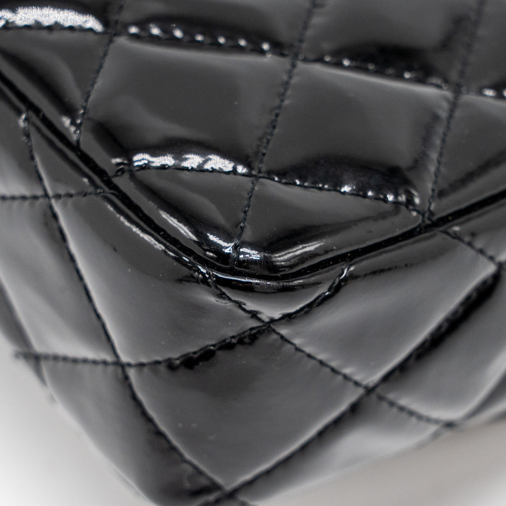 CHANEL EAST WEST FLAP SHOULDER BAG PATENT LEATHER BLACK SHW