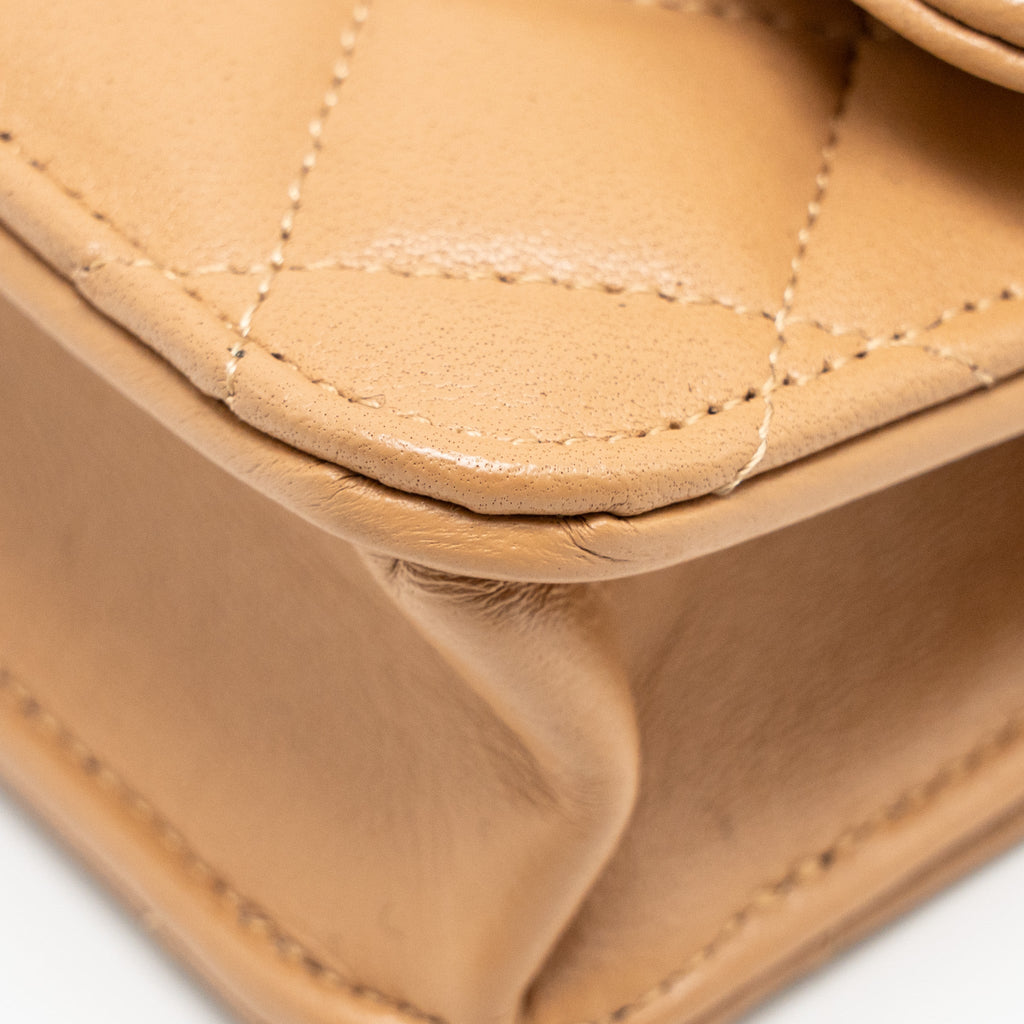CHANEL TOP HANDLE MINI FLAP BAG WITH CHAIN LAMBSKIN CARAMEL LGHW