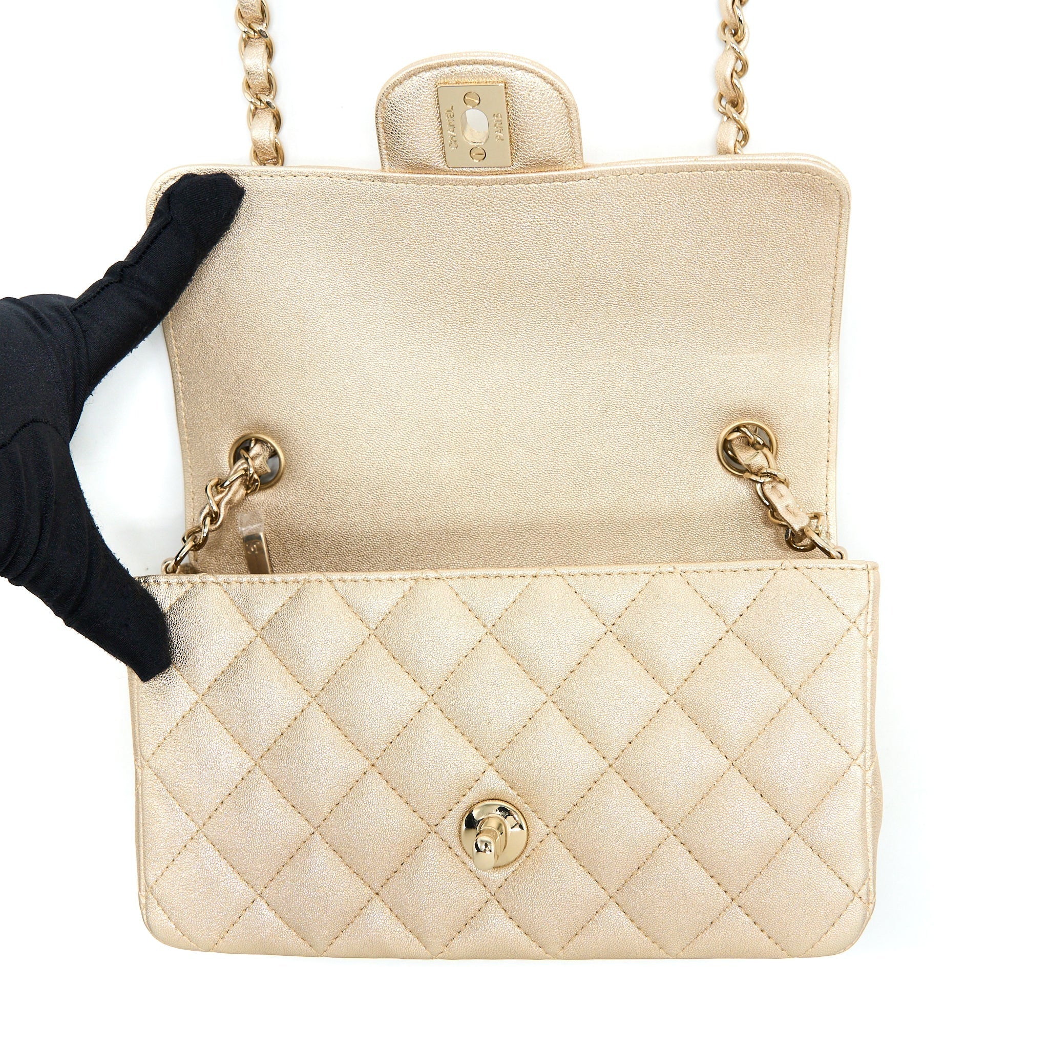 CHANEL 21P MINI RECTANGULAR FLAP BAG GRAINED LAMBSKIN GOLD LGHW
