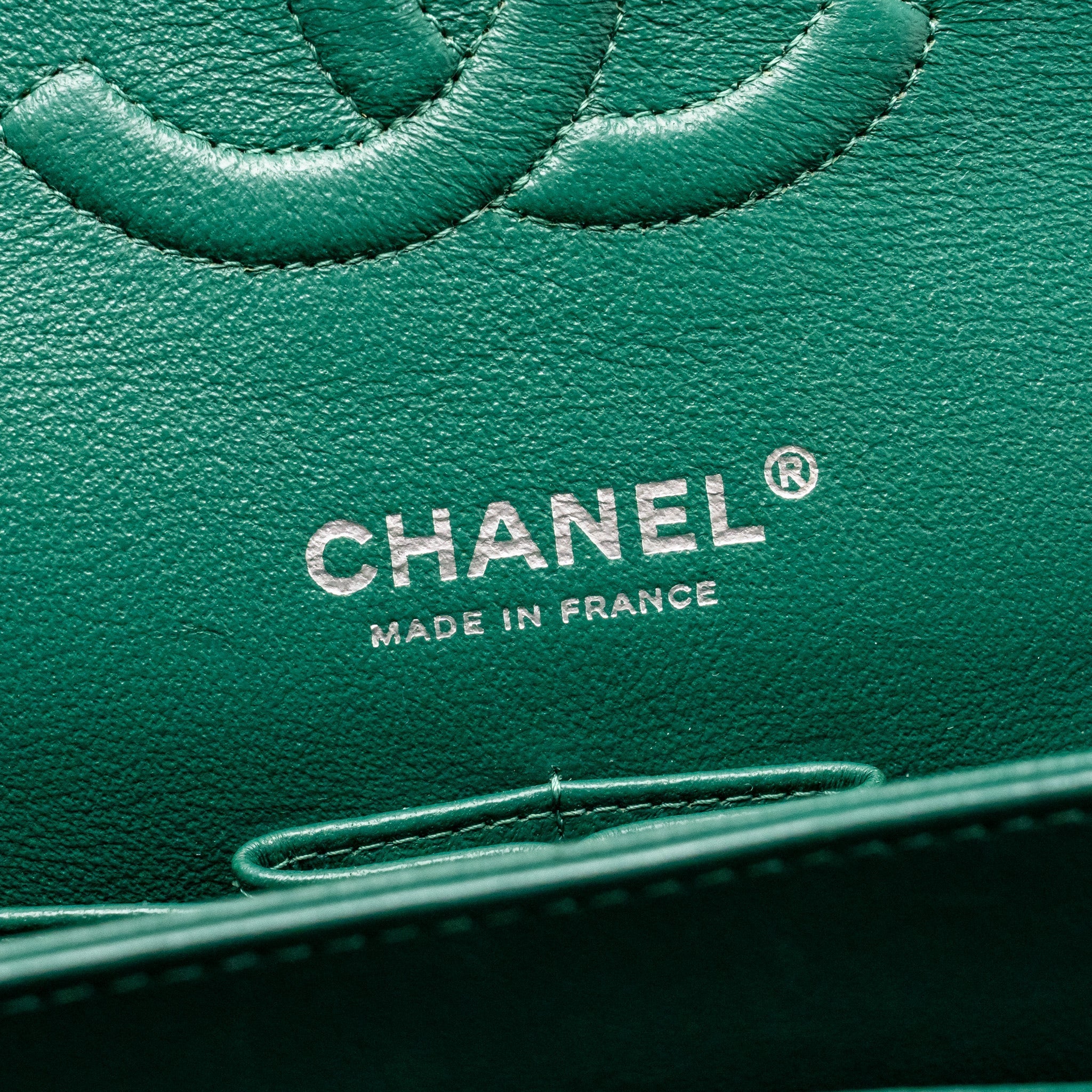 CHANEL MEDIUM CLASSIC DOUBLE FLAP BAG LAMBSKIN GREEN SHW